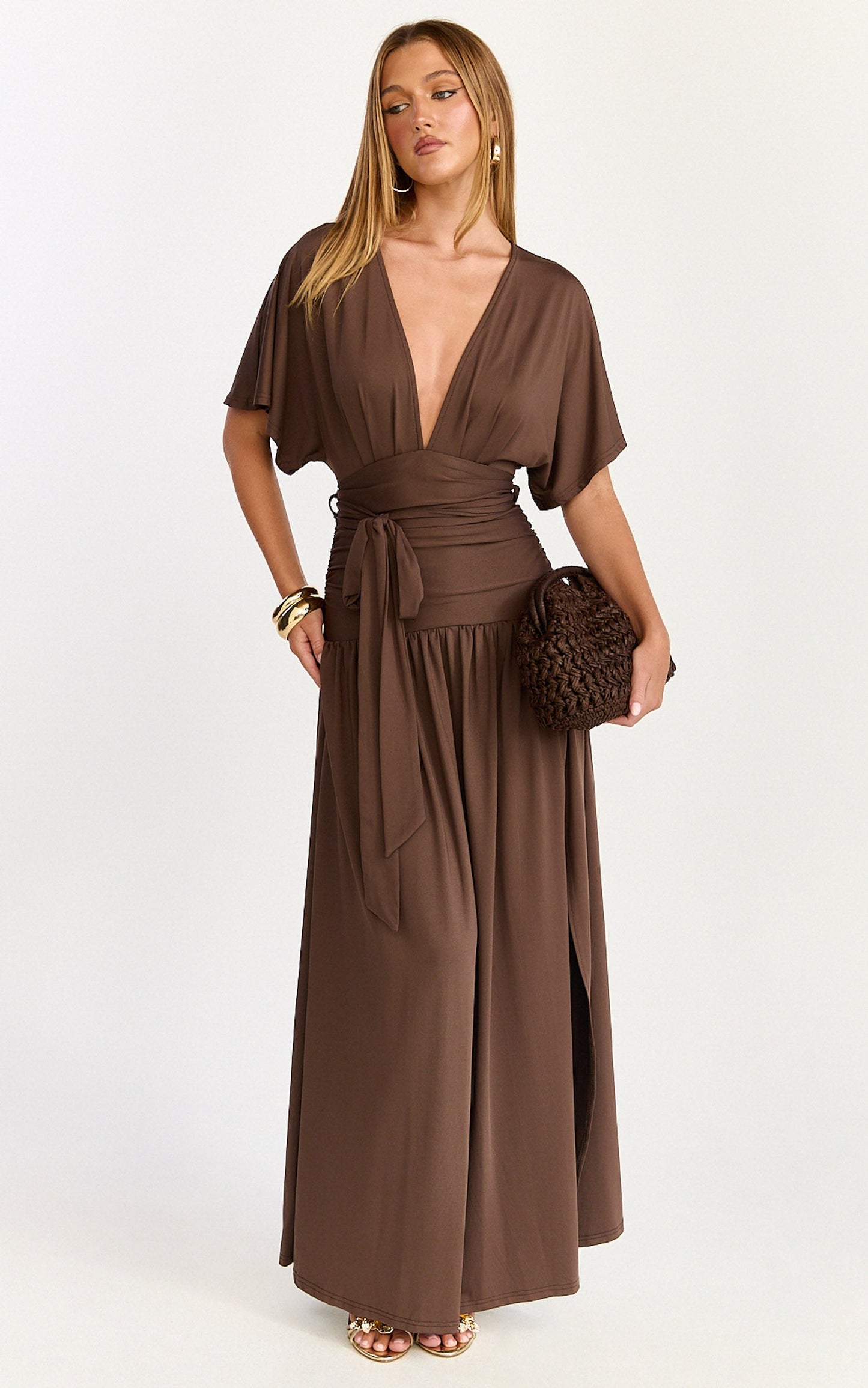 Liana Maxi Dress - Wide Sleeve Tie Waist Maxi Dress in Chocolate