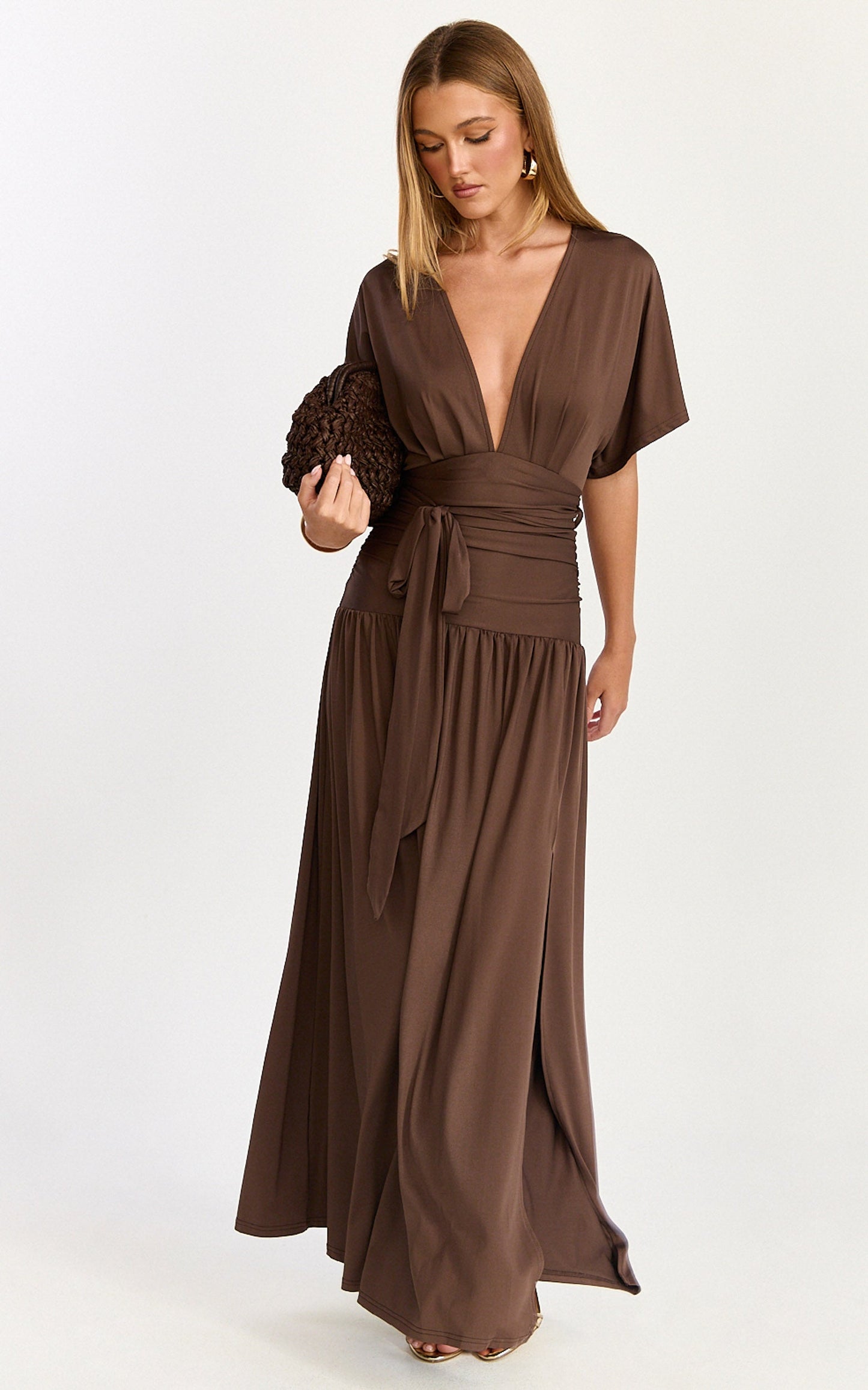 Liana Maxi Dress - Wide Sleeve Tie Waist Maxi Dress in Chocolate