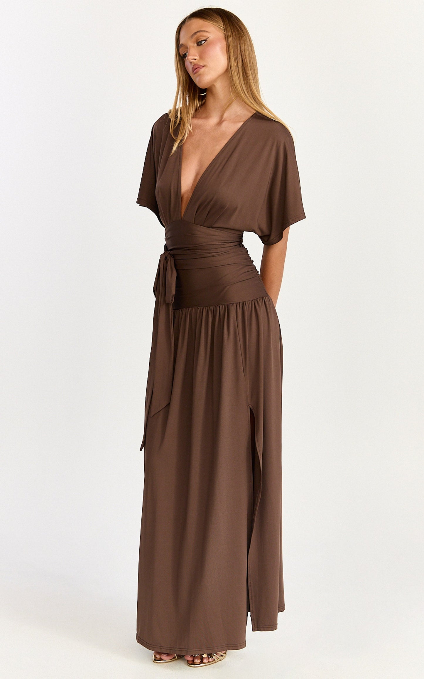 Liana Maxi Dress - Wide Sleeve Tie Waist Maxi Dress in Chocolate