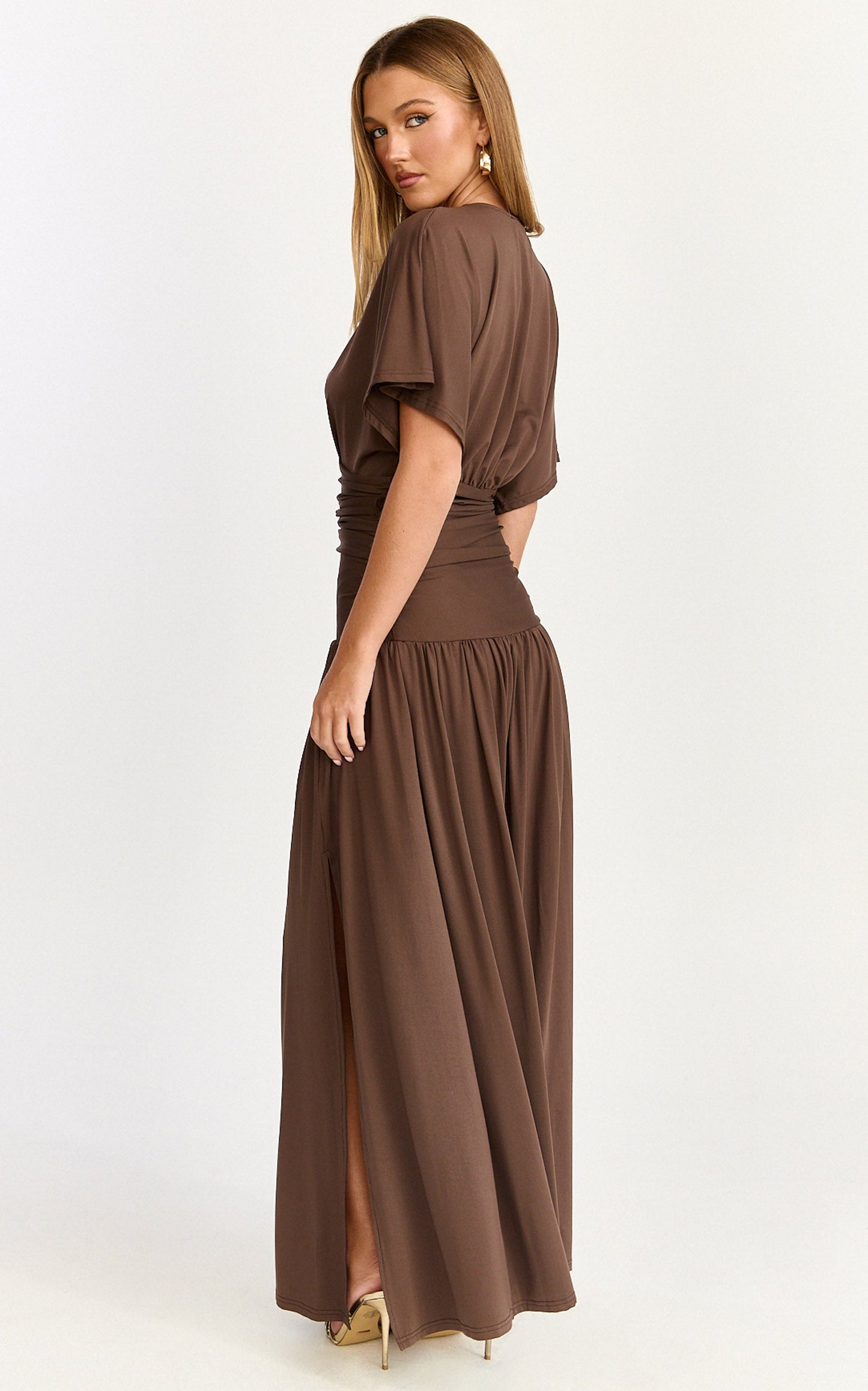Liana Maxi Dress - Wide Sleeve Tie Waist Maxi Dress in Chocolate
