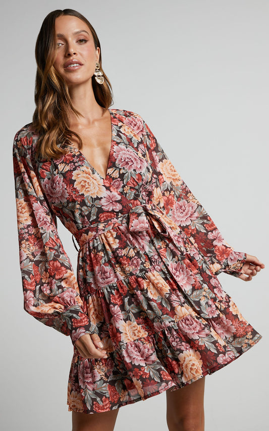 Libby Mini Dress - Printed Longsleeve V Neck Dress in Boheme Floral