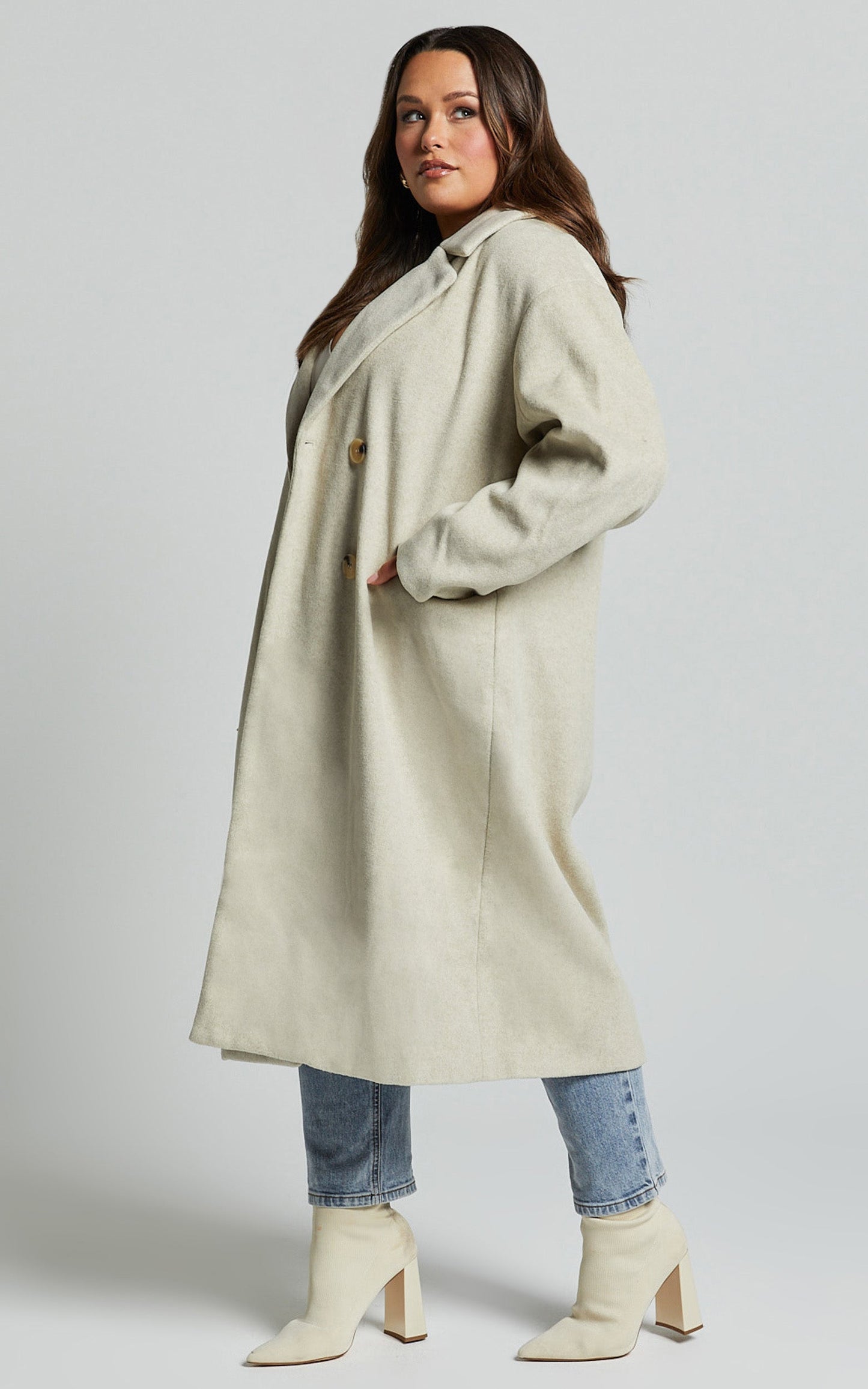 Libee Coat - Double Breasted Longline Coat in Oatmeal