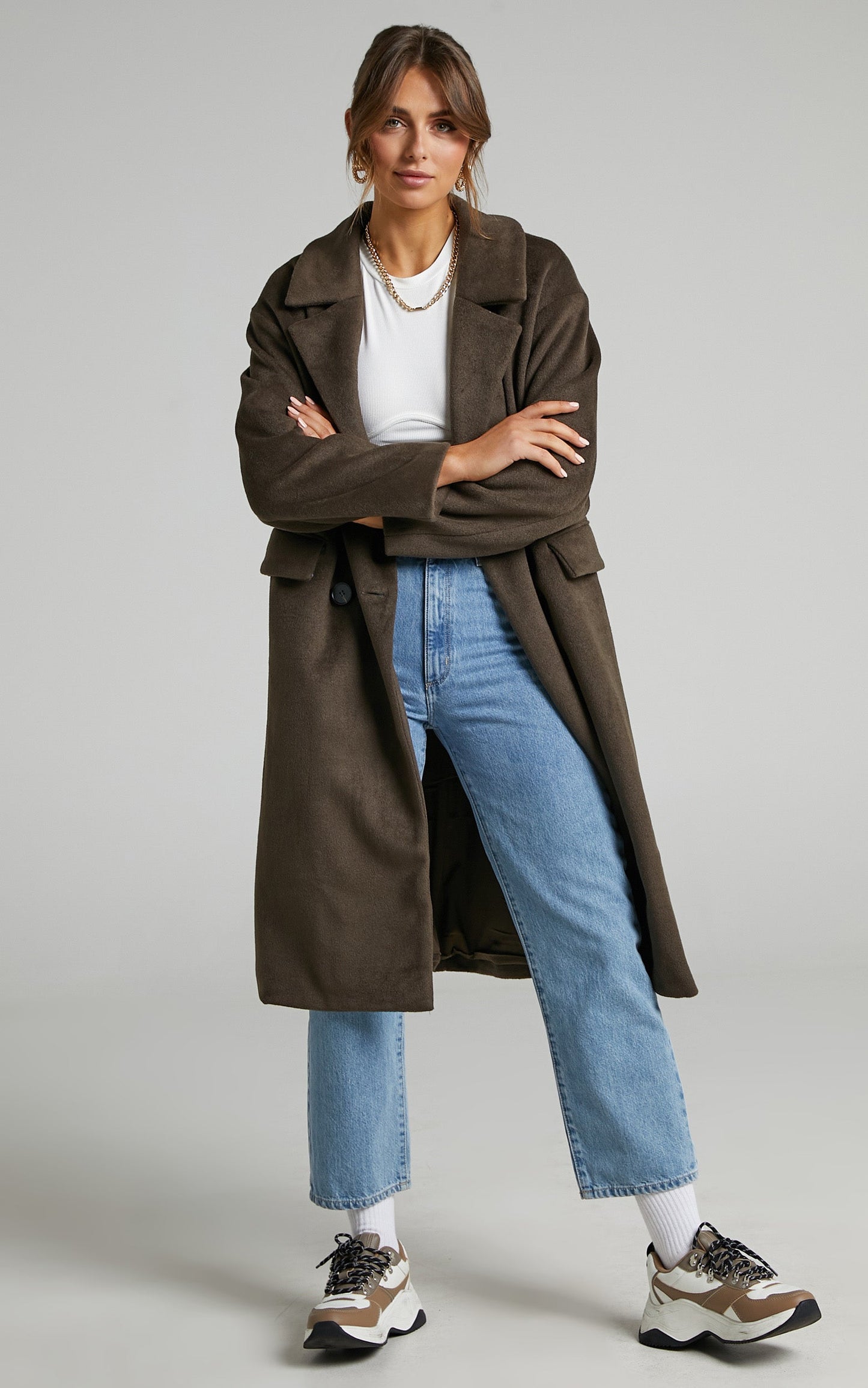 Libee Coat - Double Breasted Longline Coat in Green Moss