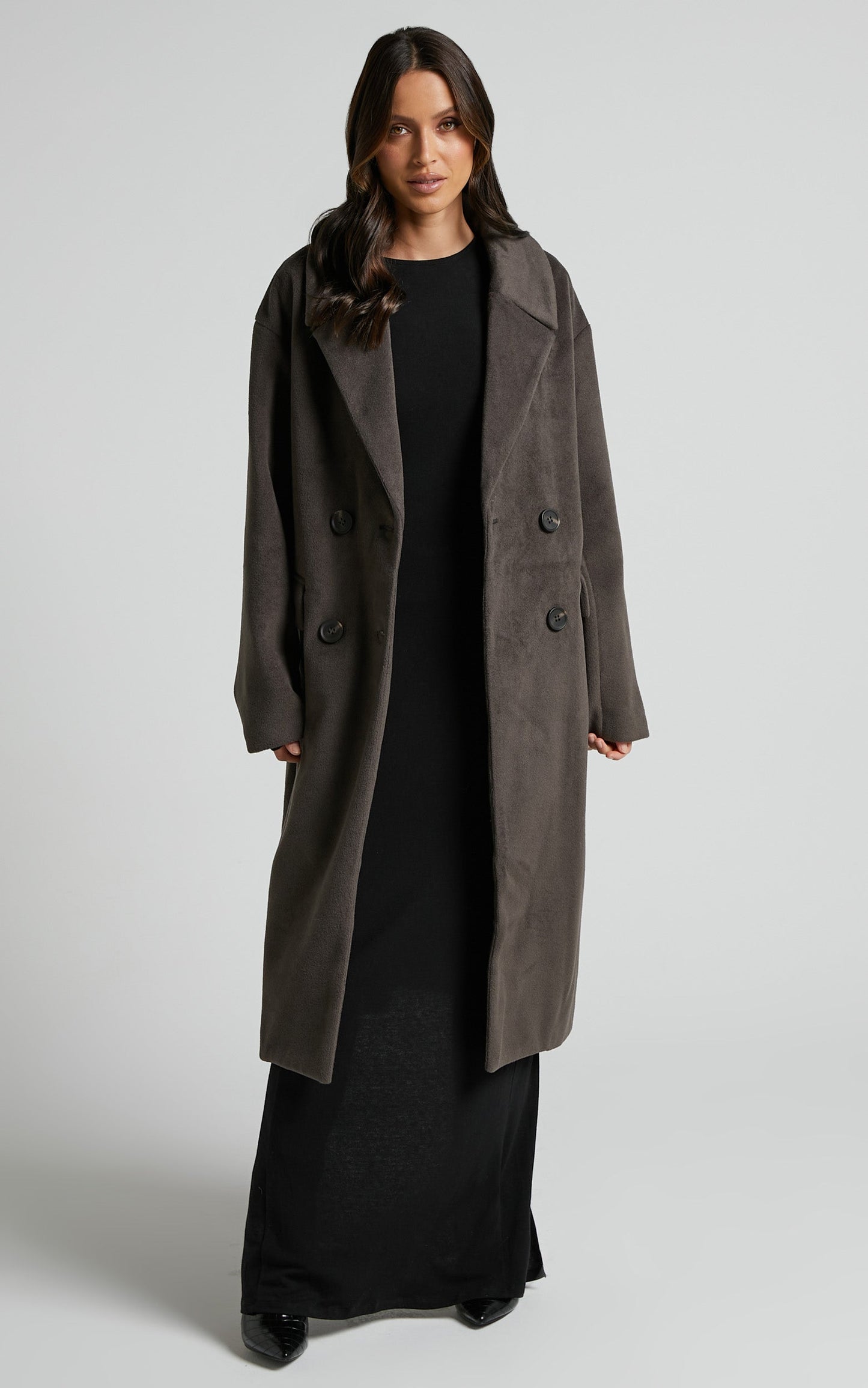 Libee Coat - Double Breasted Longline Coat in Charcoal