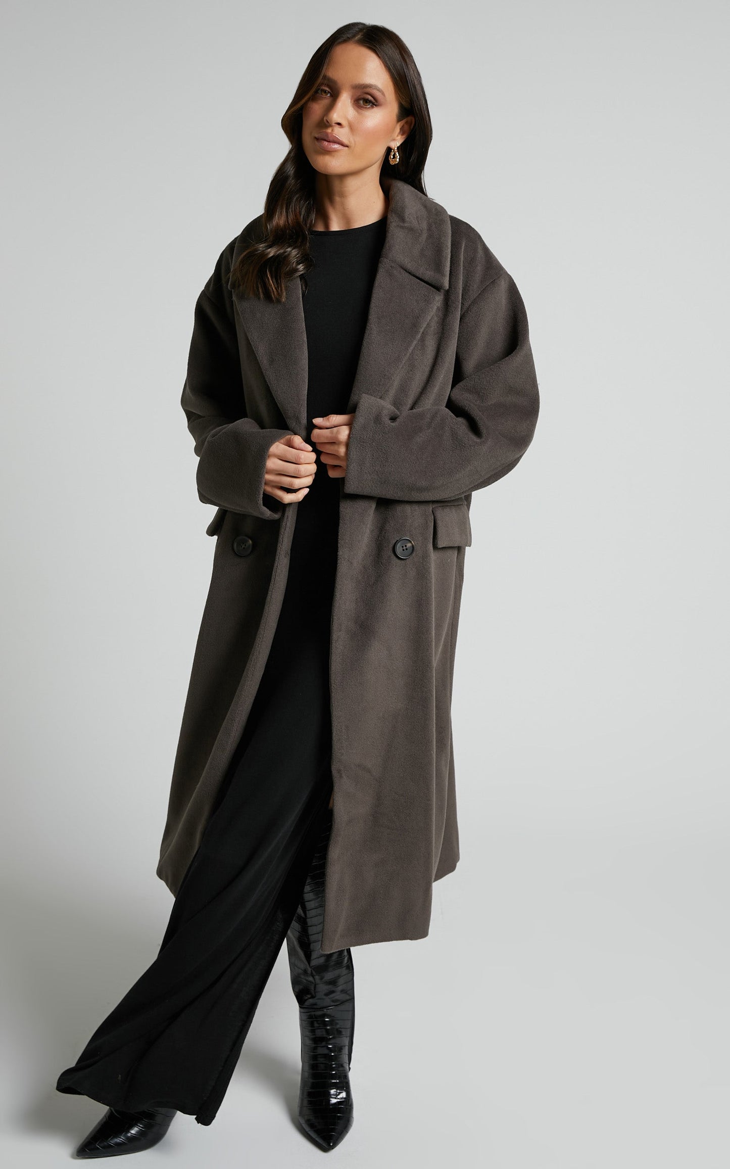 Libee Coat - Double Breasted Longline Coat in Charcoal