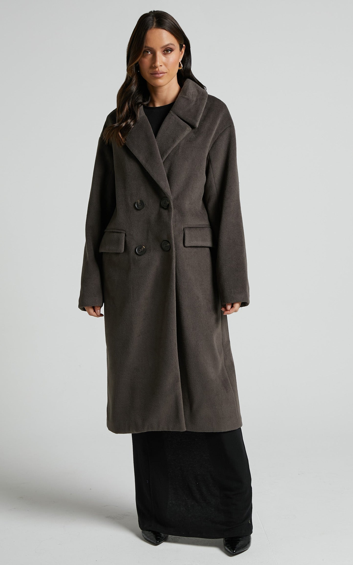 Libee Coat - Double Breasted Longline Coat in Charcoal
