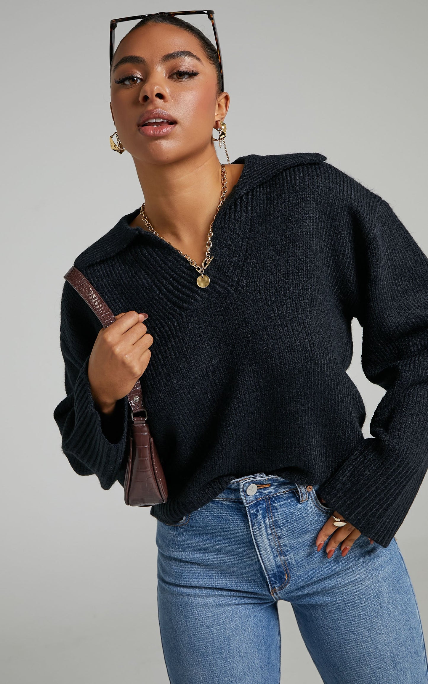 Lila Collared Knit Jumper in Black