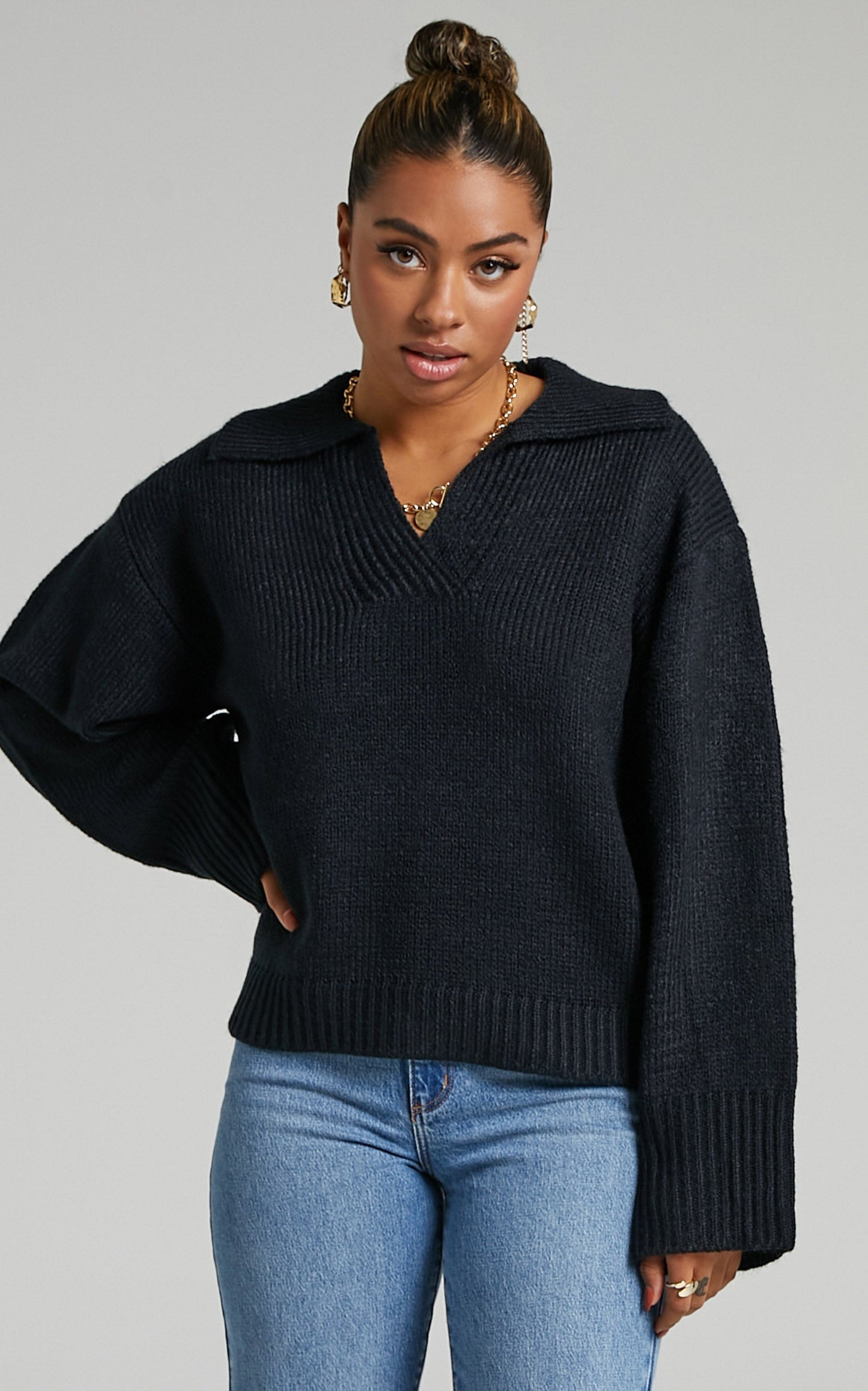 Lila Collared Knit Jumper in Black