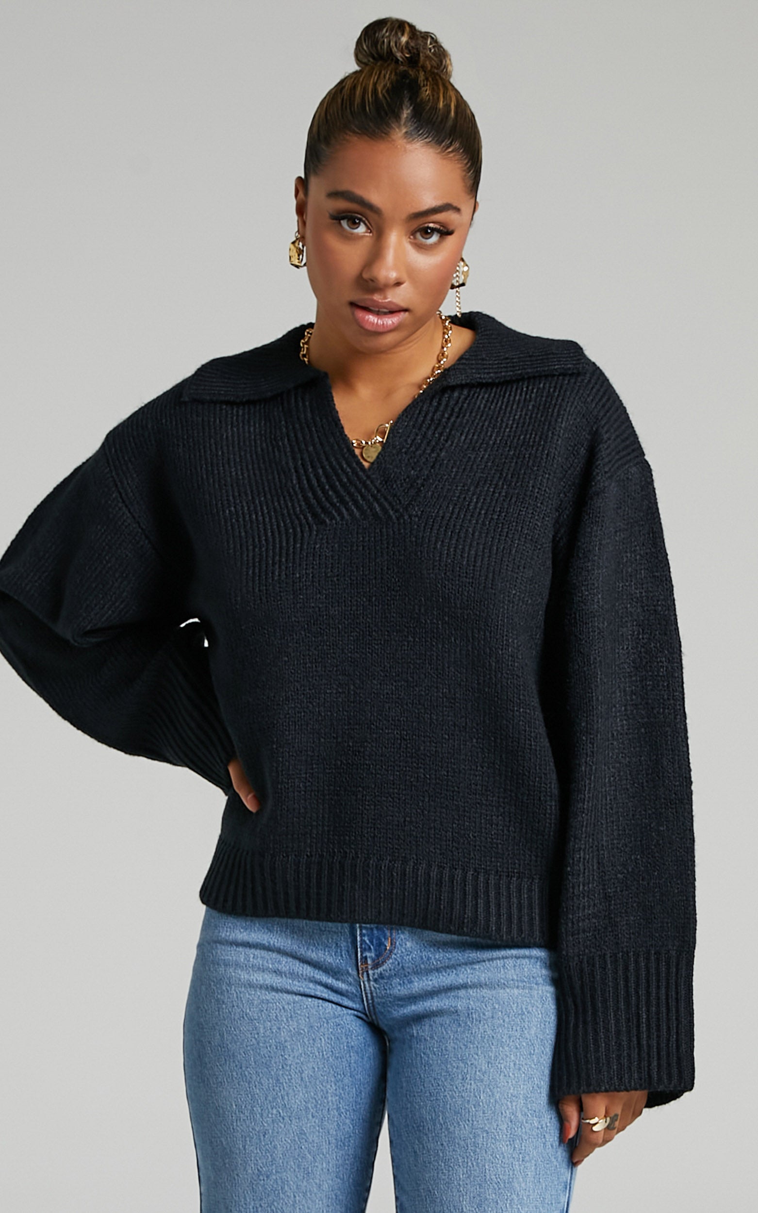 Lila Collared Knit Jumper in Black