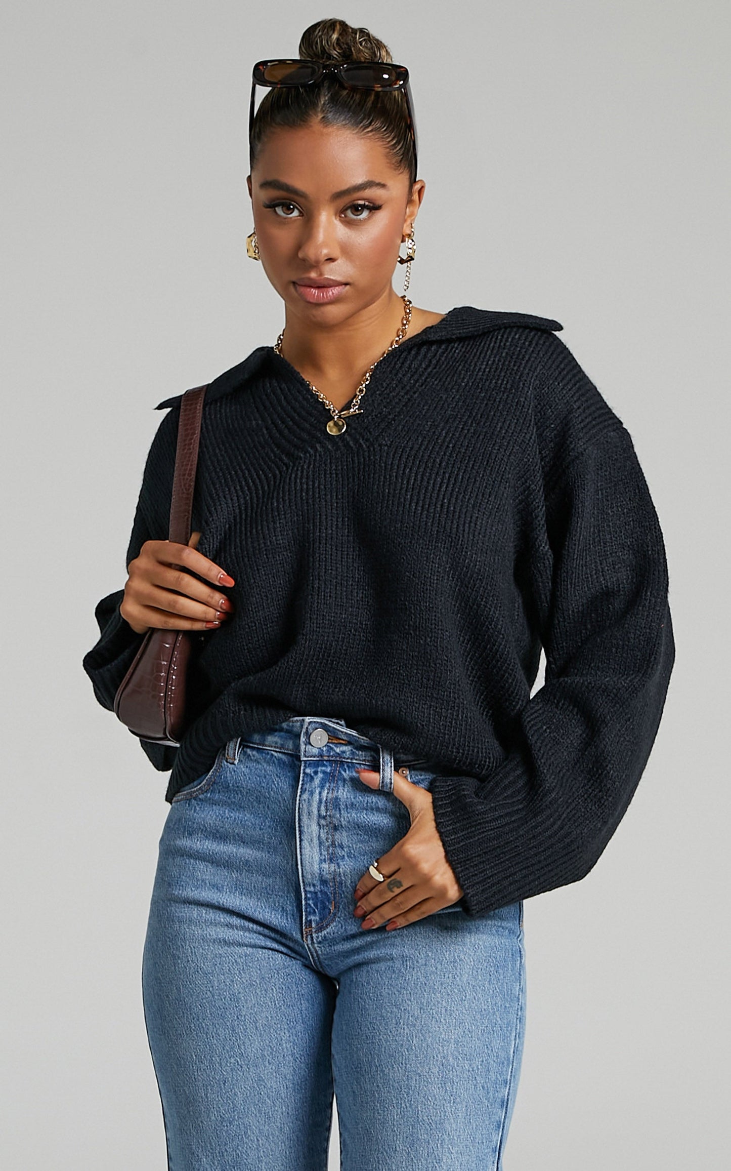 Lila Collared Knit Jumper in Black