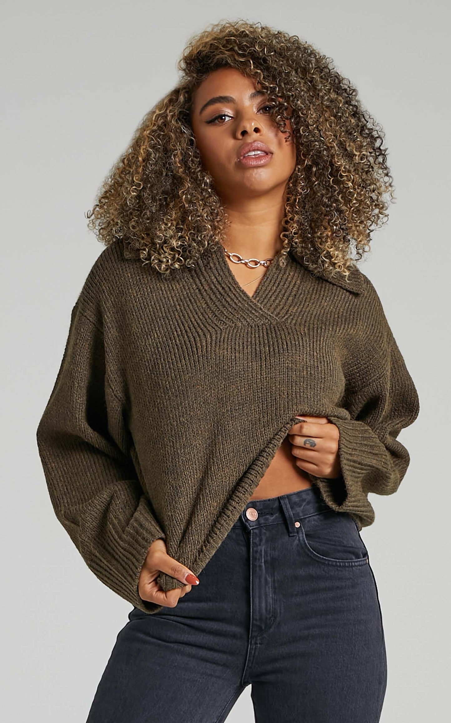 Lila Collared Knit Jumper in Moss Green
