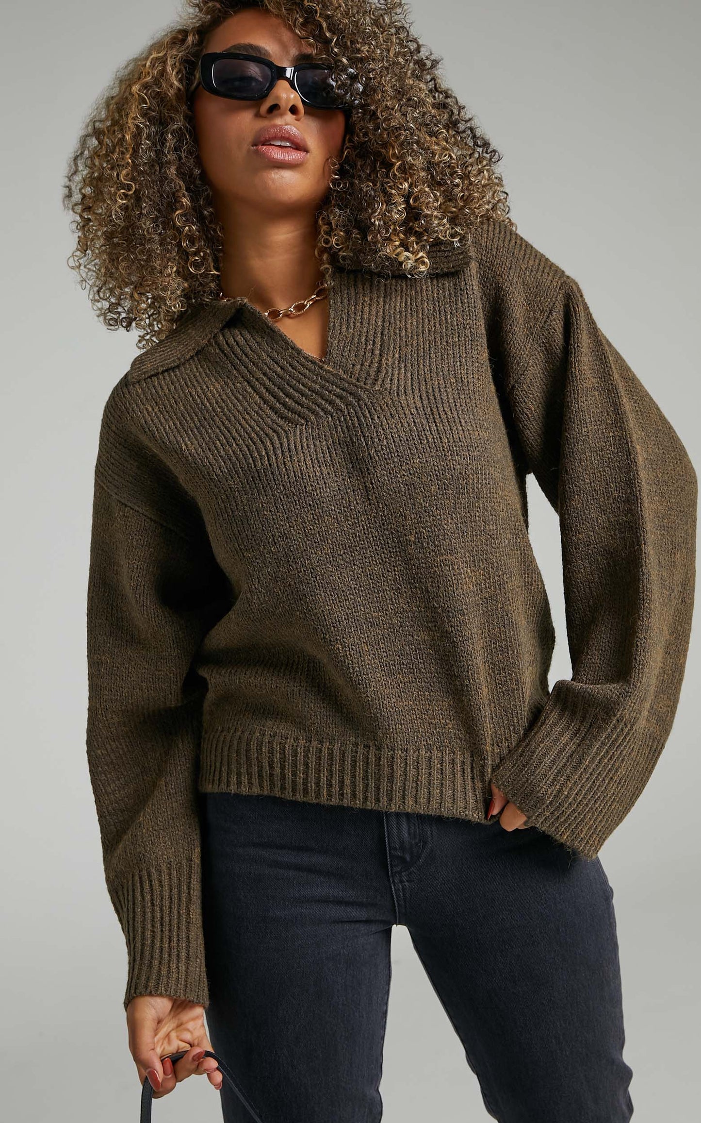 Lila Collared Knit Jumper in Moss Green