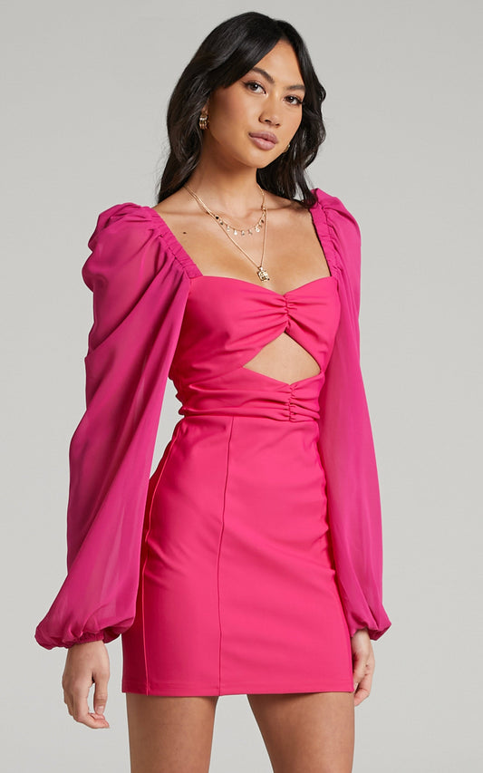 Lilian Mini Dress - Chiffon Sleeve Cut Out Dress in Pink
