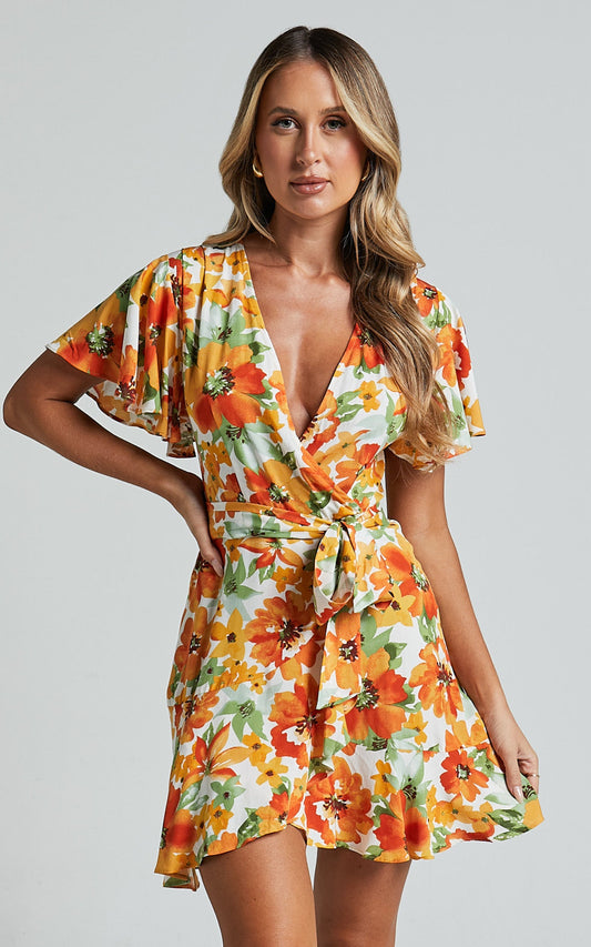 Lilibeth Mini Dress - V Neck Short Flutter Sleeve Ruffle Hem Wrap in Yellow Floral