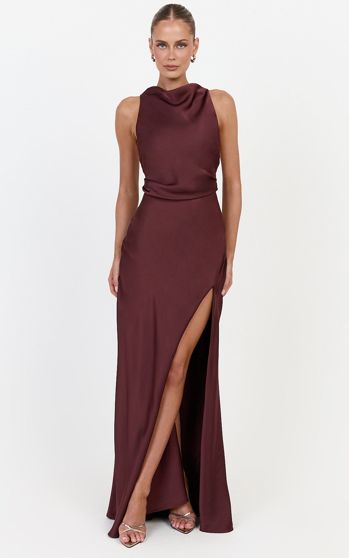 Lillian Maxi Dress - Racerback Cowl Neck Draped Satin Dress in Plum