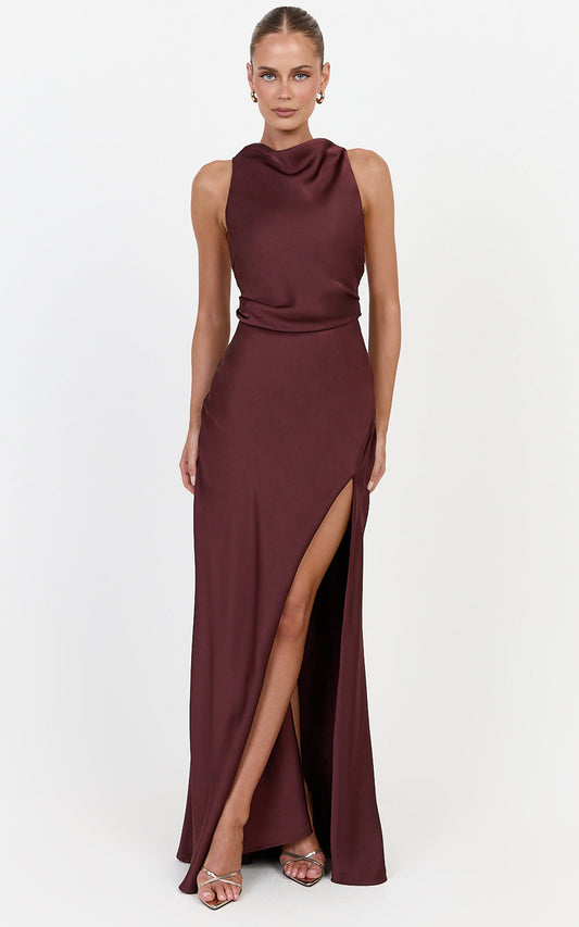 Lillian Maxi Dress - Racerback Cowl Neck Draped Satin Dress in Plum