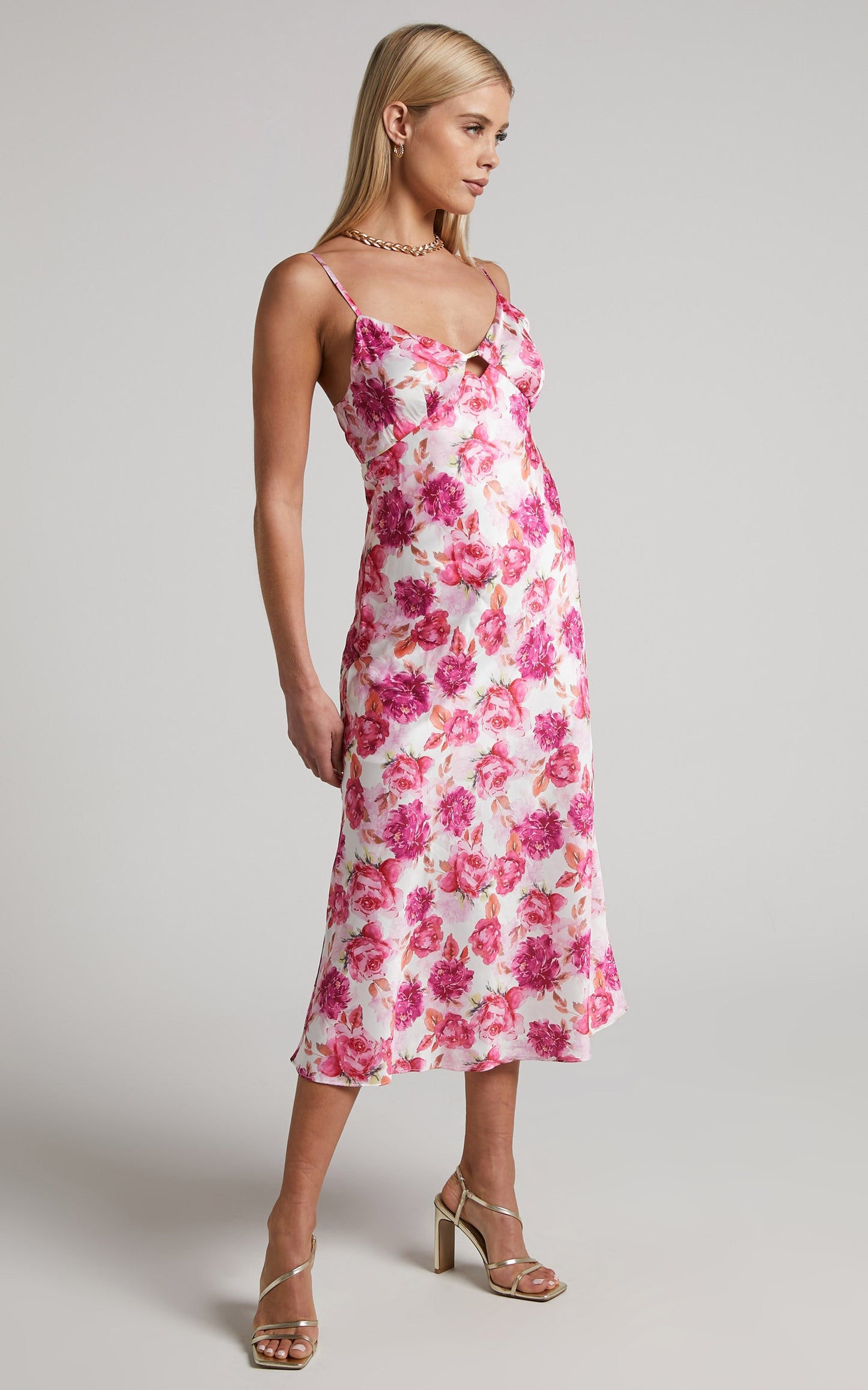 Lillith Midi Dress - V Neck Satin Slip Dress in Pink And White Floral