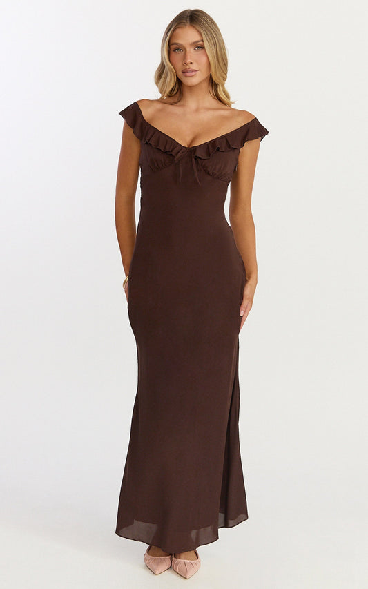 Lily Maxi Dress - Ruffle V Neck Front Tie Slip Dress in Chocolate