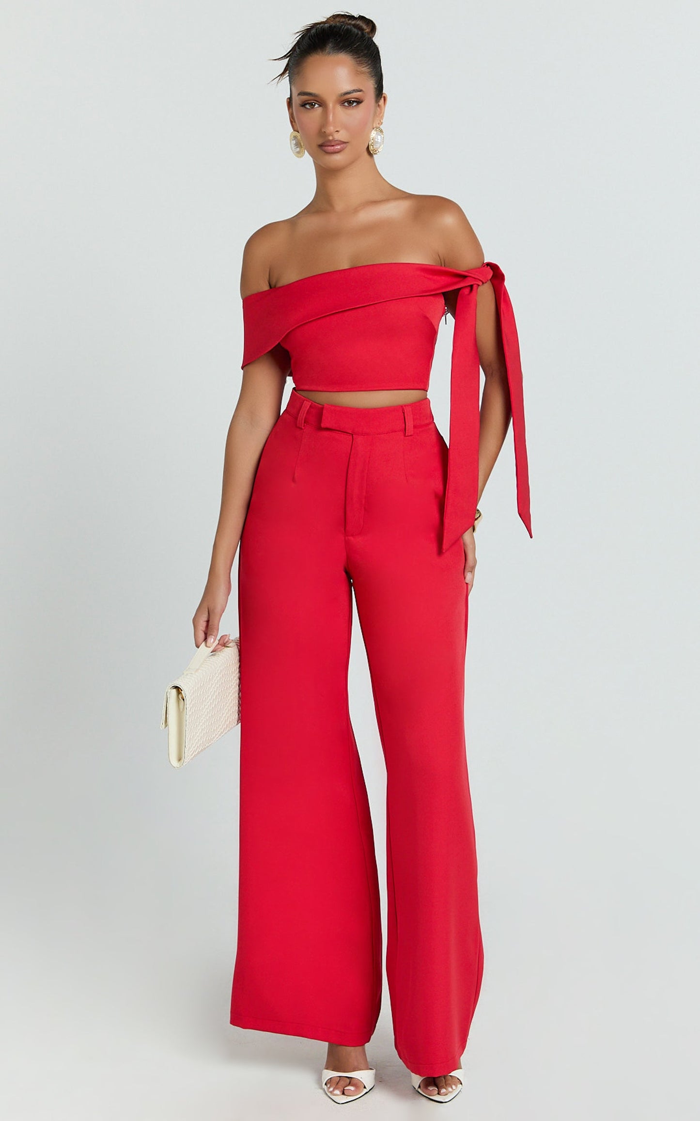 Lily Two Piece Set - Off Shoulder Tie Detail Top and Tailored Pant Set in Red