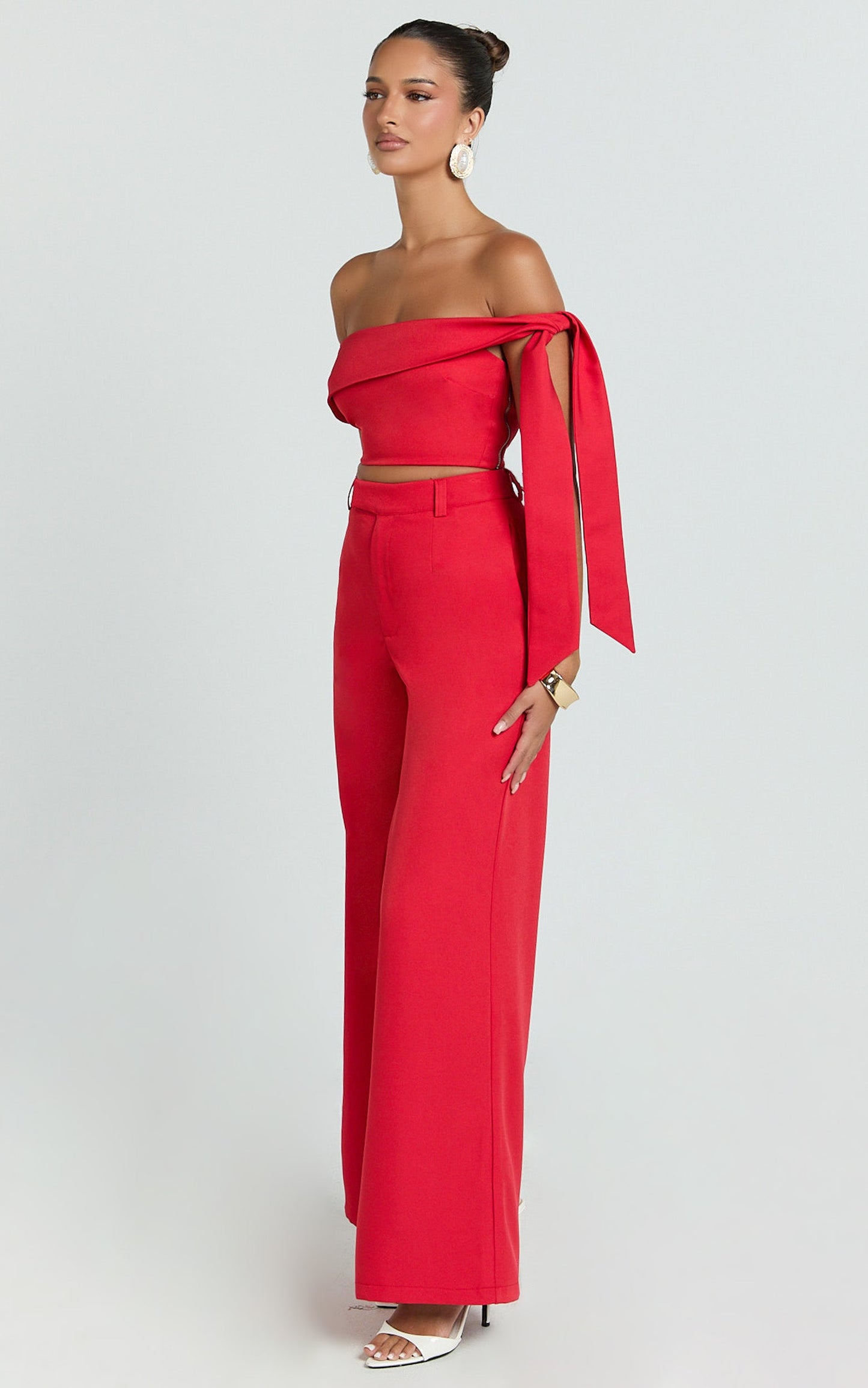 Lily Two Piece Set - Off Shoulder Tie Detail Top and Tailored Pant Set in Red
