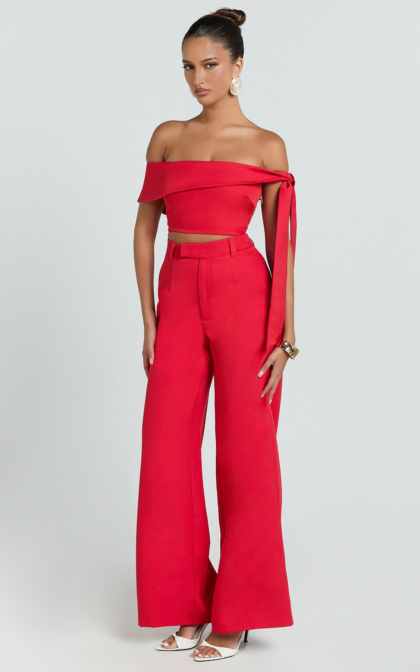 Lily Two Piece Set - Off Shoulder Tie Detail Top and Tailored Pant Set in Red