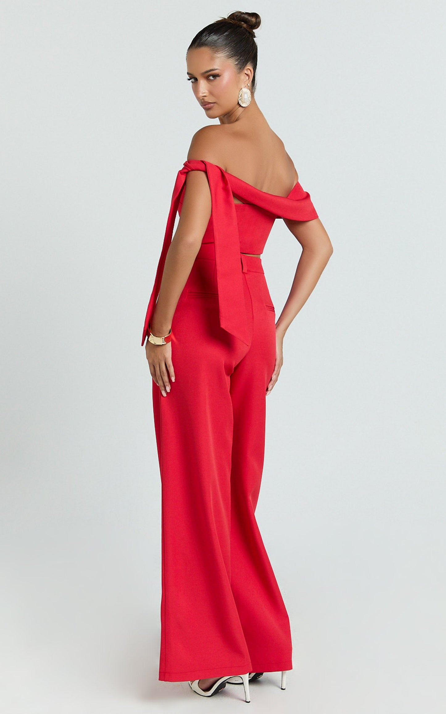 Lily Two Piece Set - Off Shoulder Tie Detail Top and Tailored Pant Set in Red