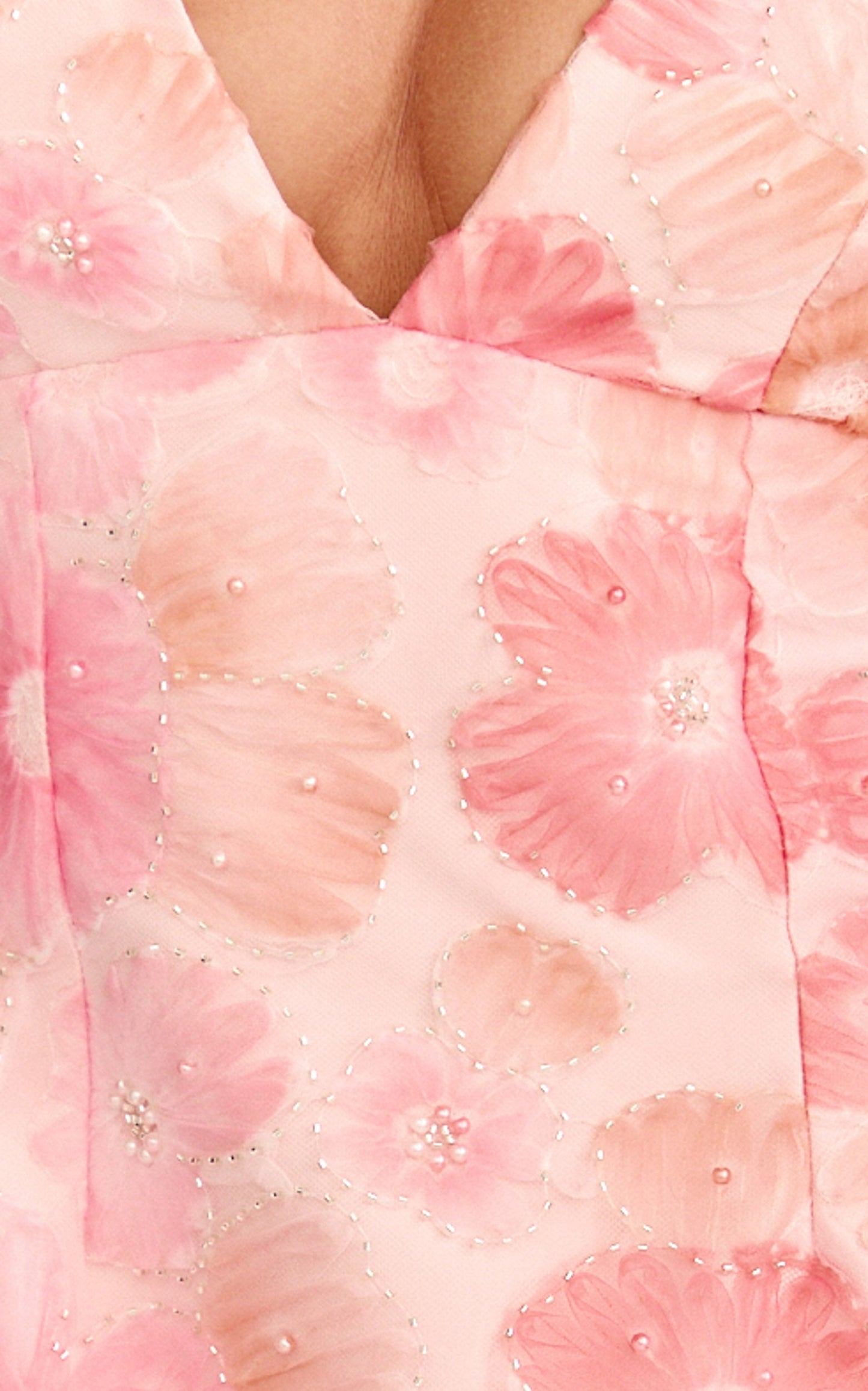 Lima Mini Dress - Plunge Neck Floral Embellished A Line Dress in Pink