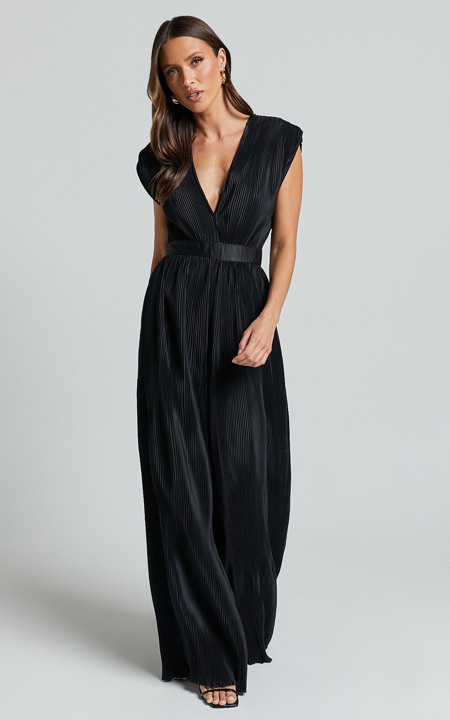 Lina Jumpsuit - Plunge Neck Pleated Wide Leg Jumpsuit in Black