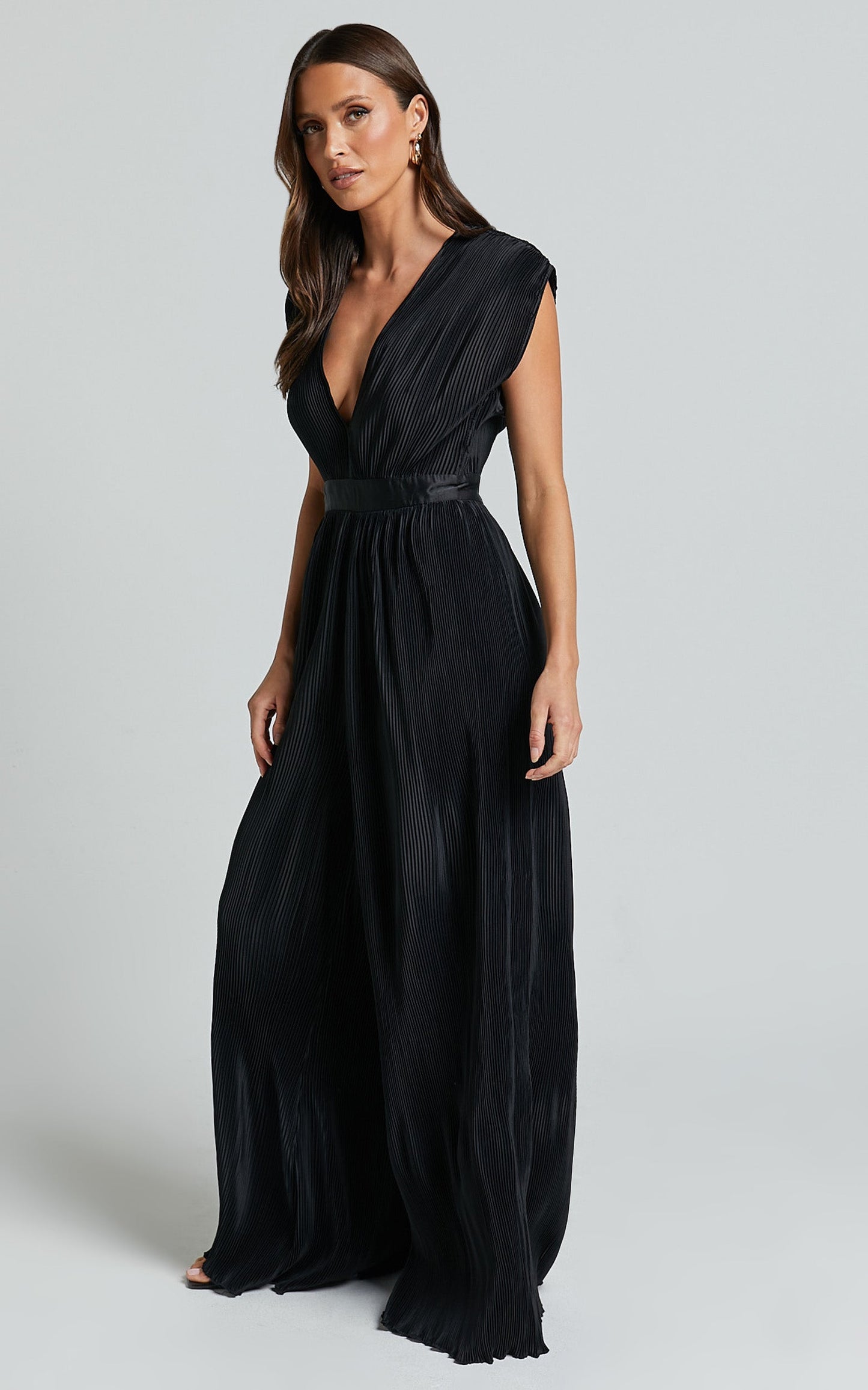 Lina Jumpsuit - Plunge Neck Pleated Wide Leg Jumpsuit in Black