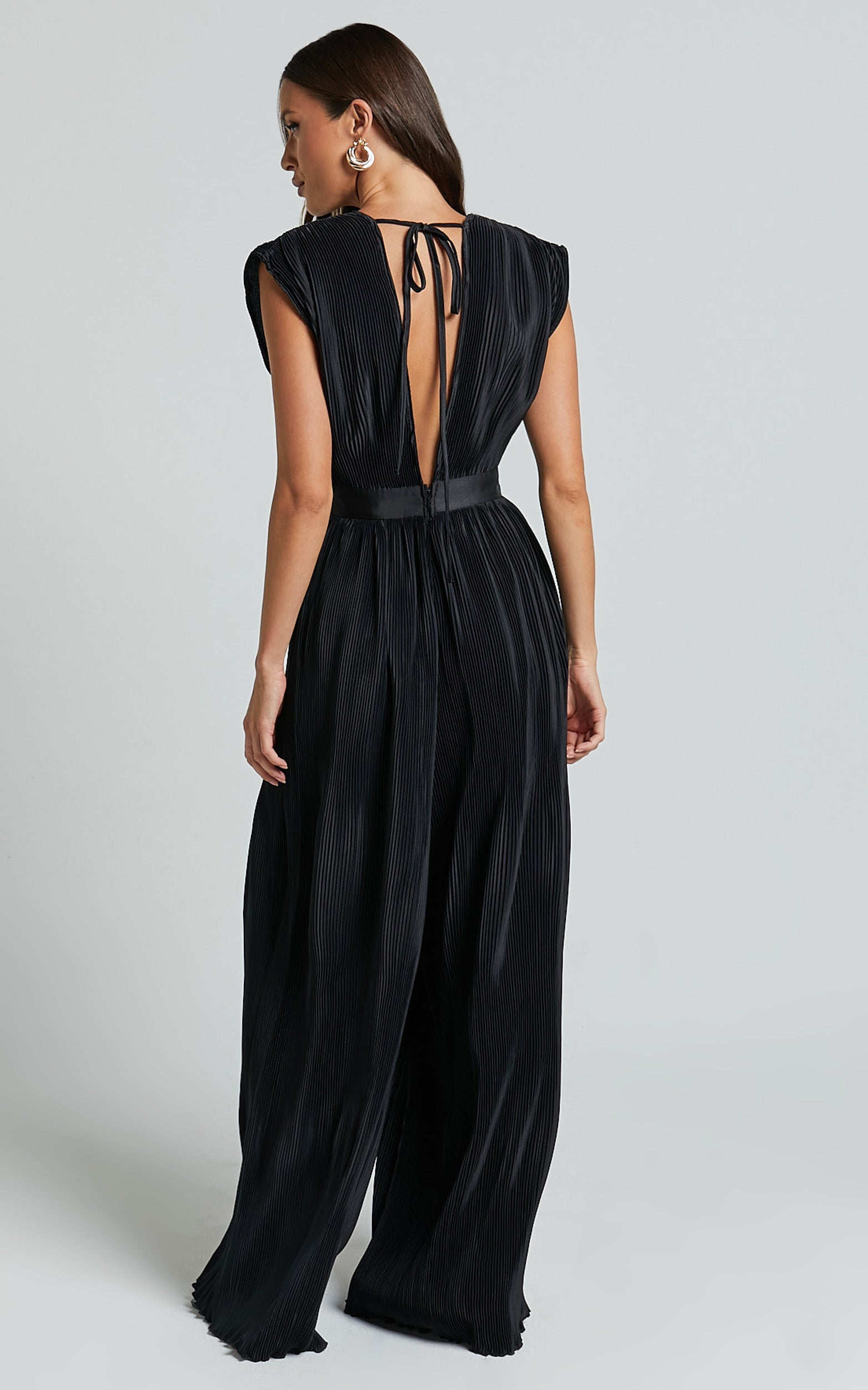 Lina Jumpsuit - Plunge Neck Pleated Wide Leg Jumpsuit in Black