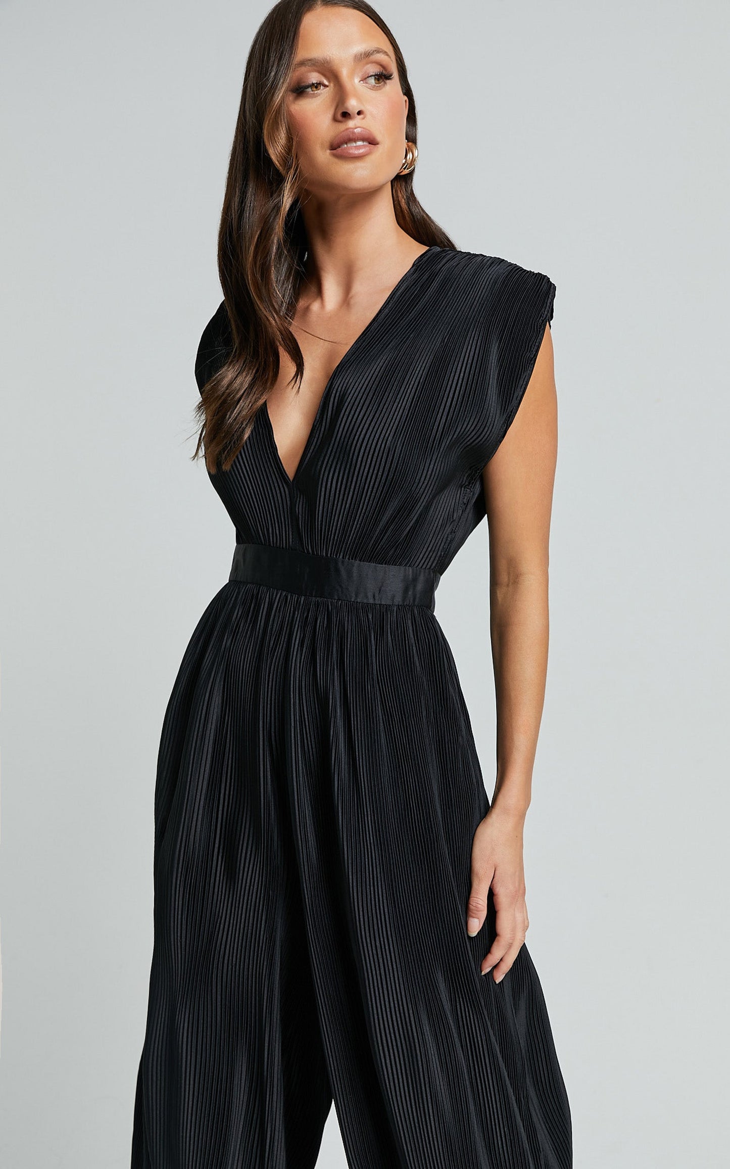 Lina Jumpsuit - Plunge Neck Pleated Wide Leg Jumpsuit in Black