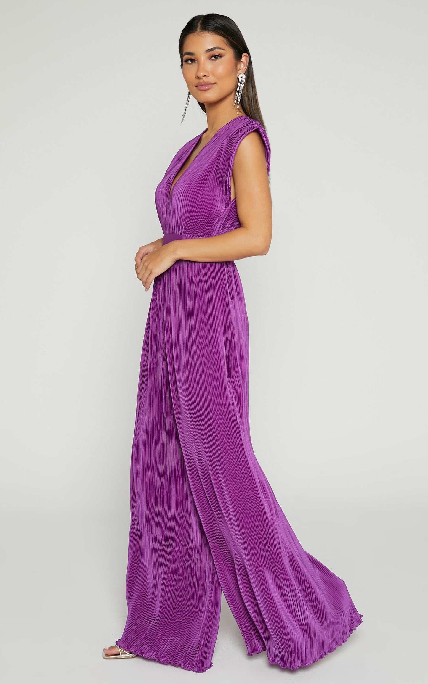 Lina Jumpsuit - Plunge Neck Pleated Wide Leg Jumpsuit in Orchid