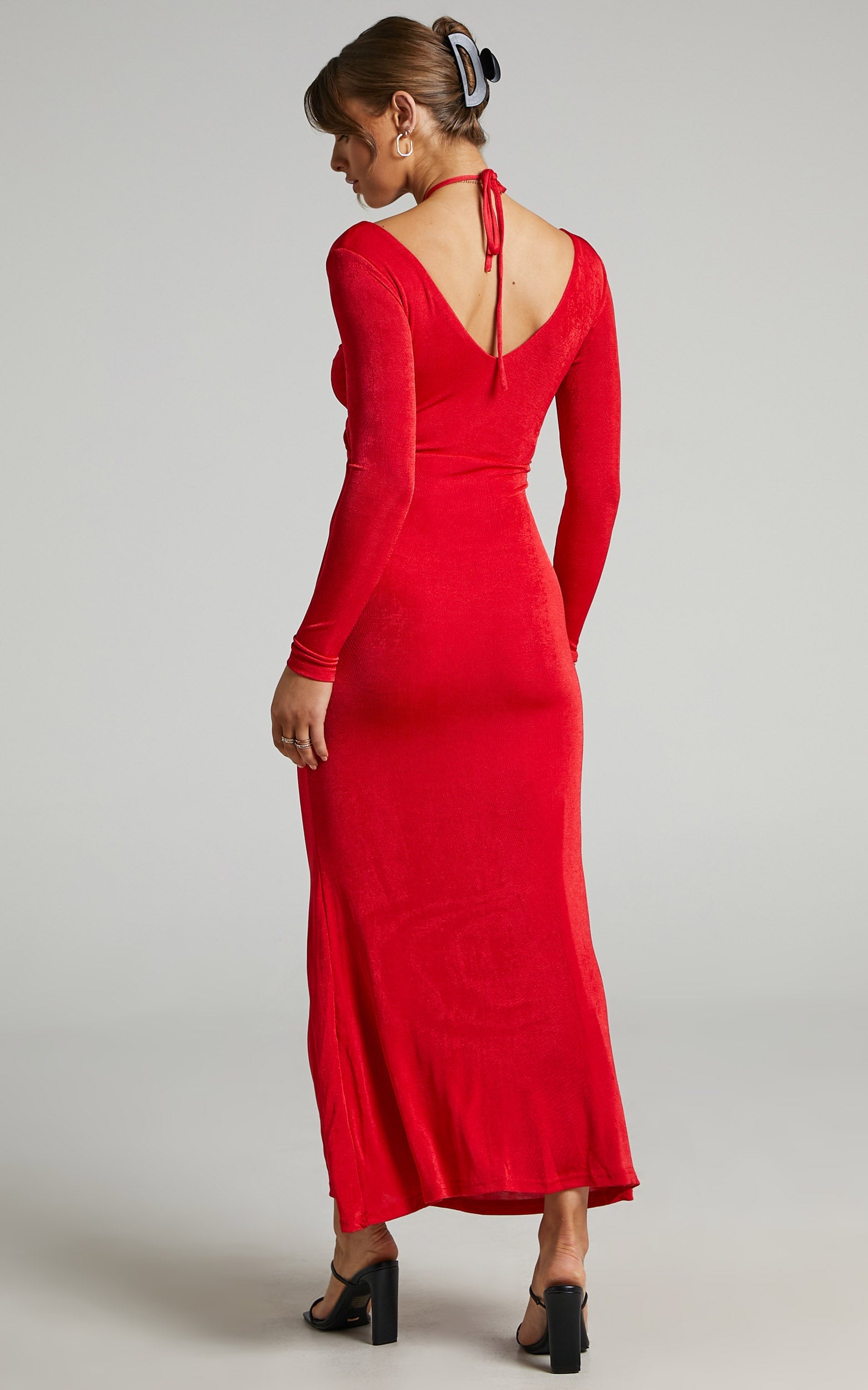 Lina long sleeve maxi dress with cut out in Red