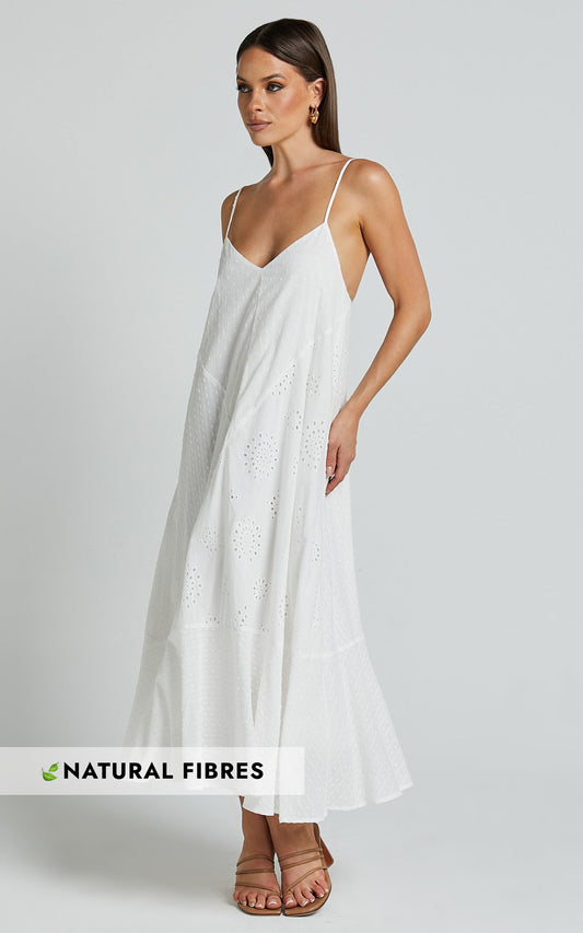 Linalyn Midi Dress - Strappy V Neck Low Back Slip Dress in White