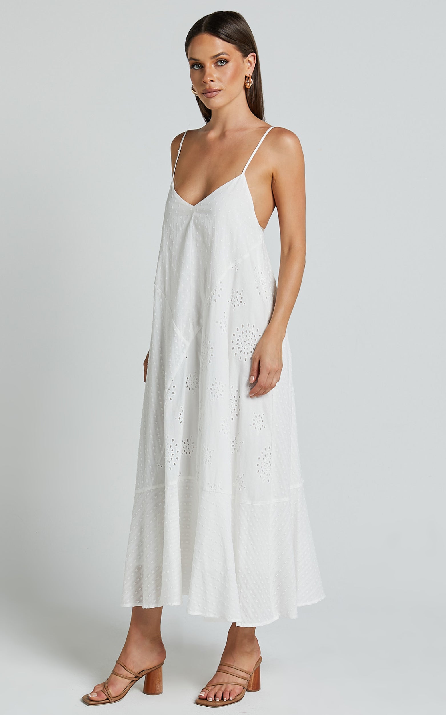 Linalyn Midi Dress - Strappy V Neck Low Back Slip Dress in White