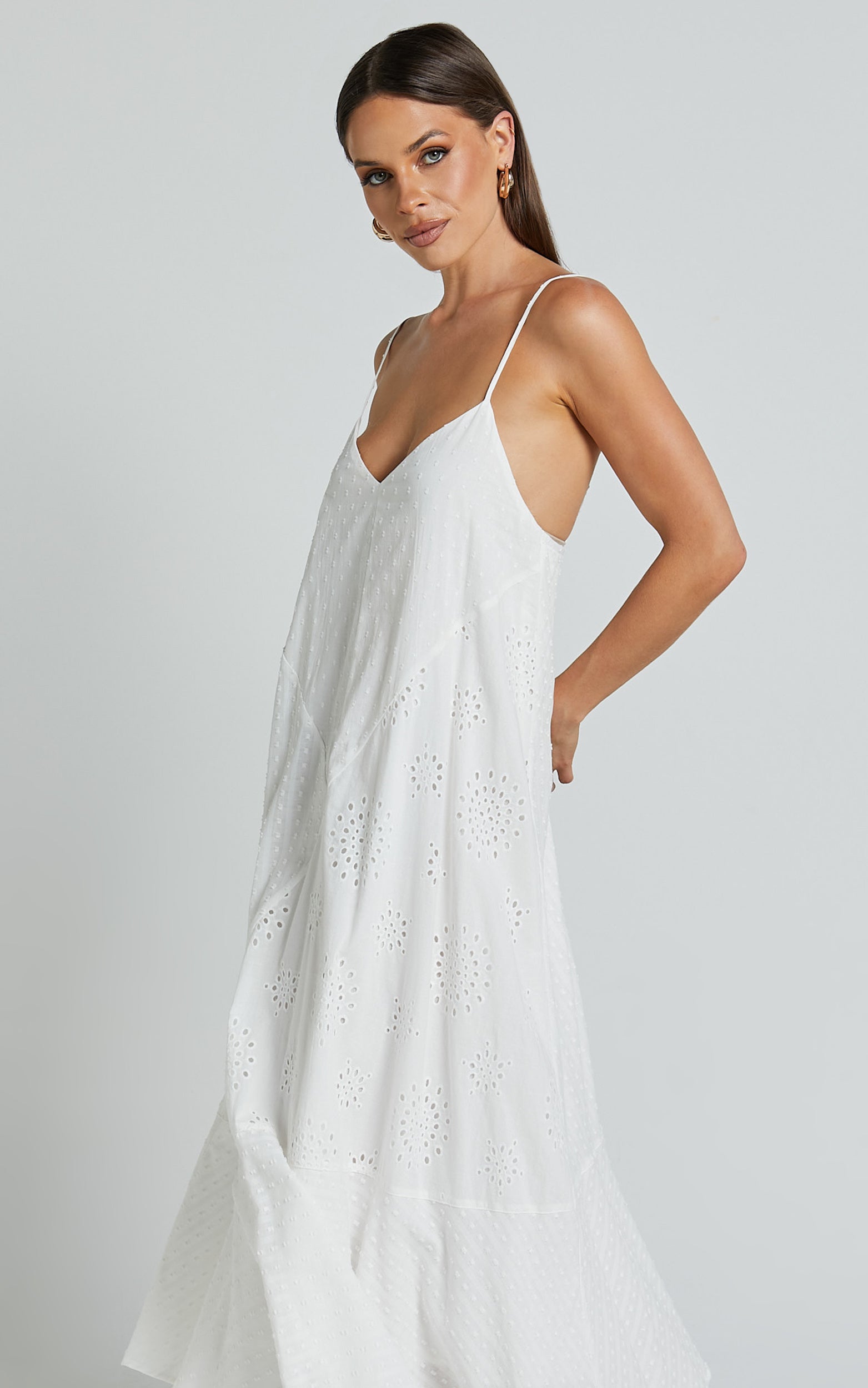 Linalyn Midi Dress - Strappy V Neck Low Back Slip Dress in White