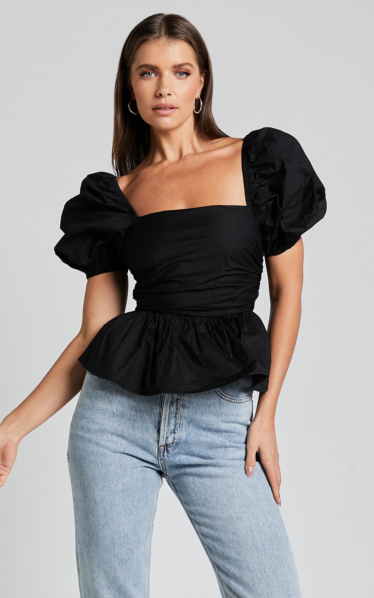 Linda Top - Short Puff Sleeve Peplum in Black