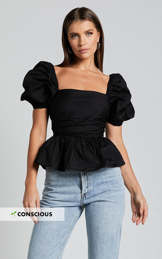 Linda Top - Short Puff Sleeve Peplum in Black