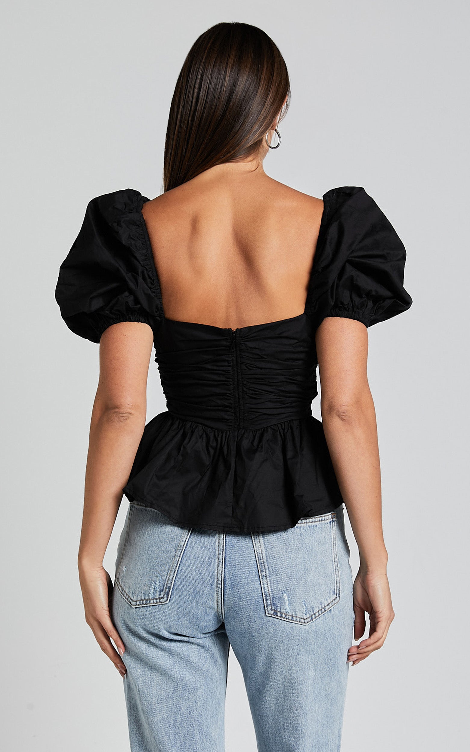 Linda Top - Short Puff Sleeve Peplum in Black