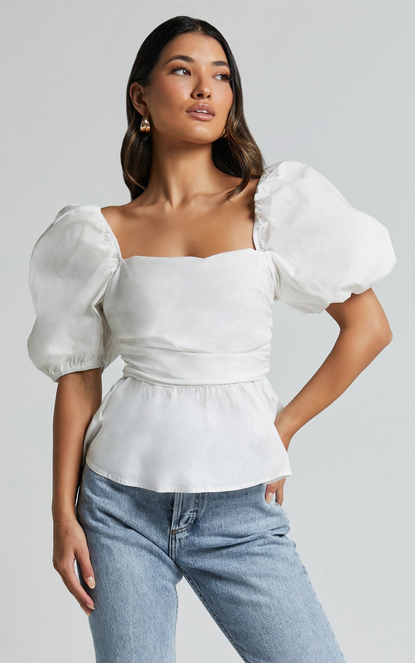 Linda Top - Short Puff Sleeve Peplum in Ivory