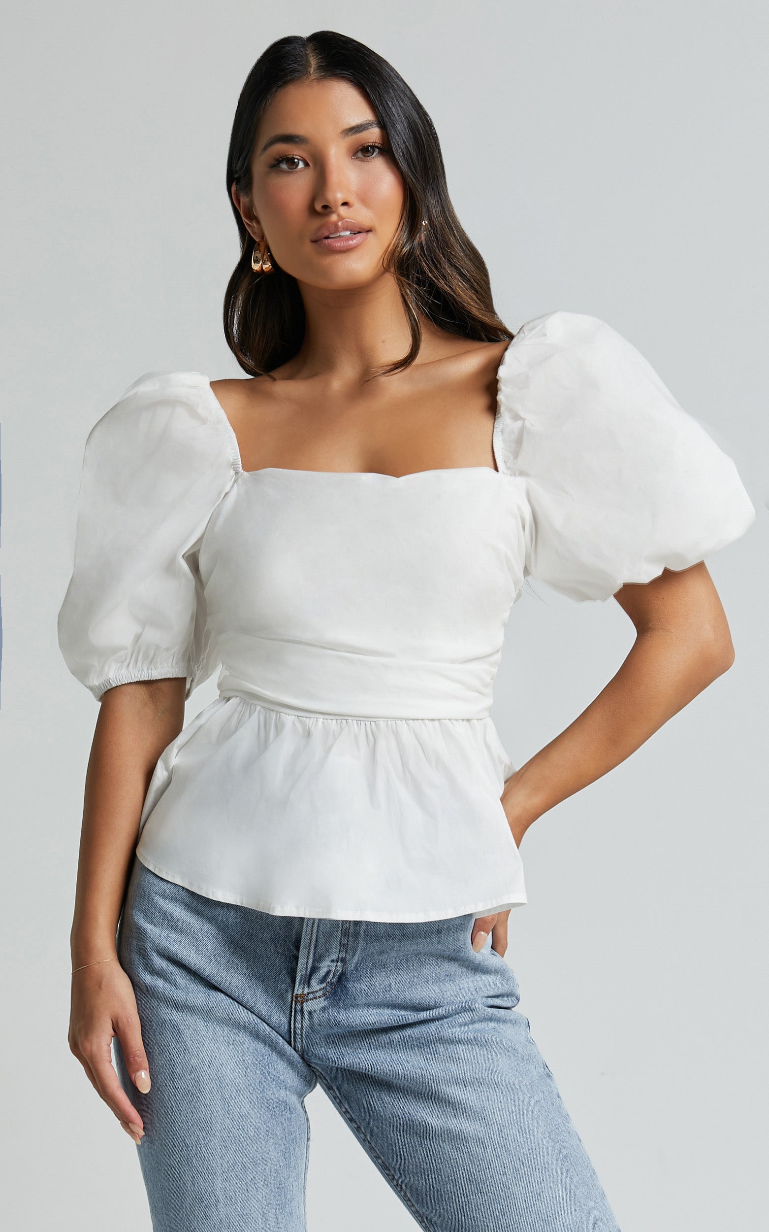 Linda Top - Short Puff Sleeve Peplum in Ivory