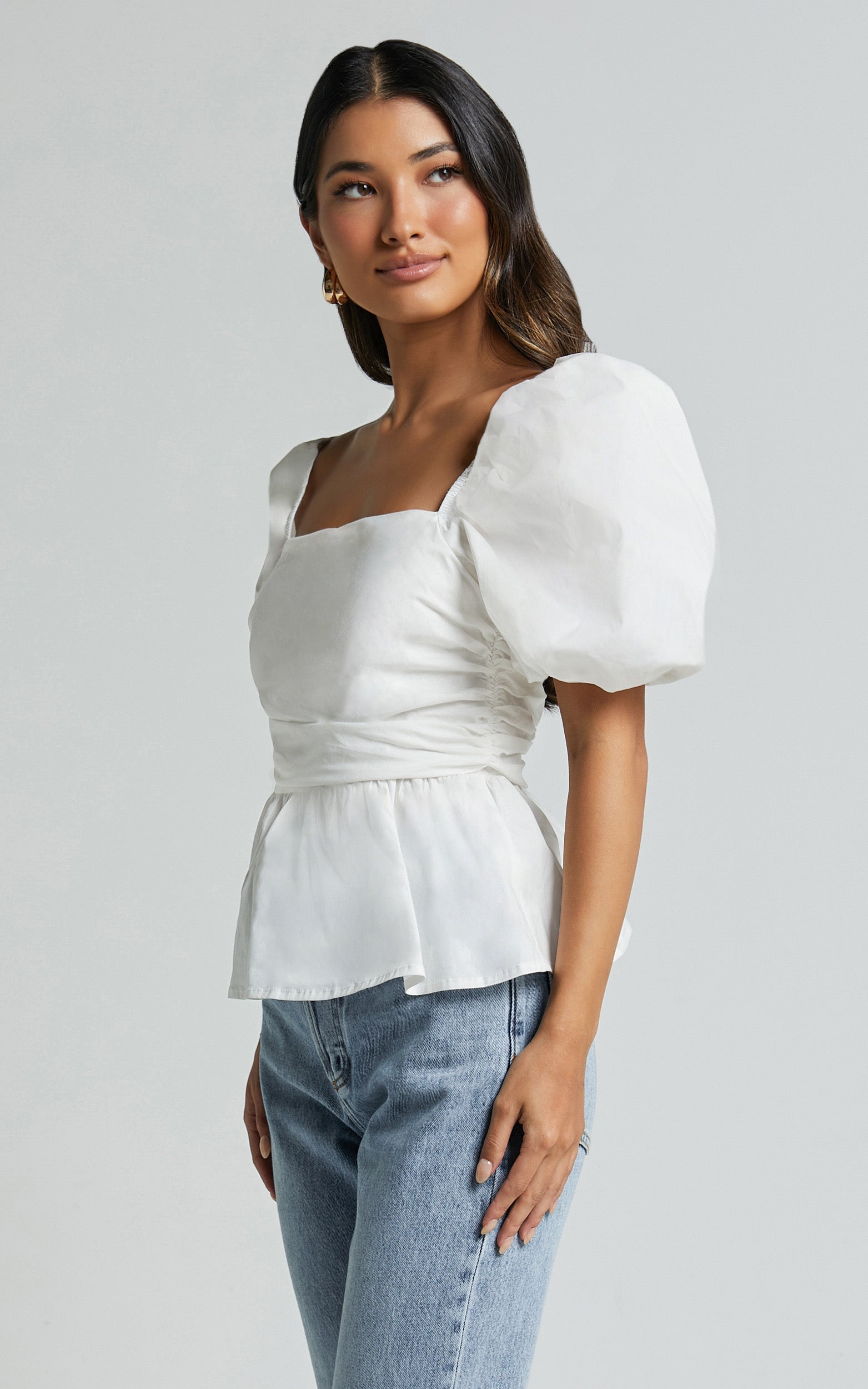Linda Top - Short Puff Sleeve Peplum in Ivory