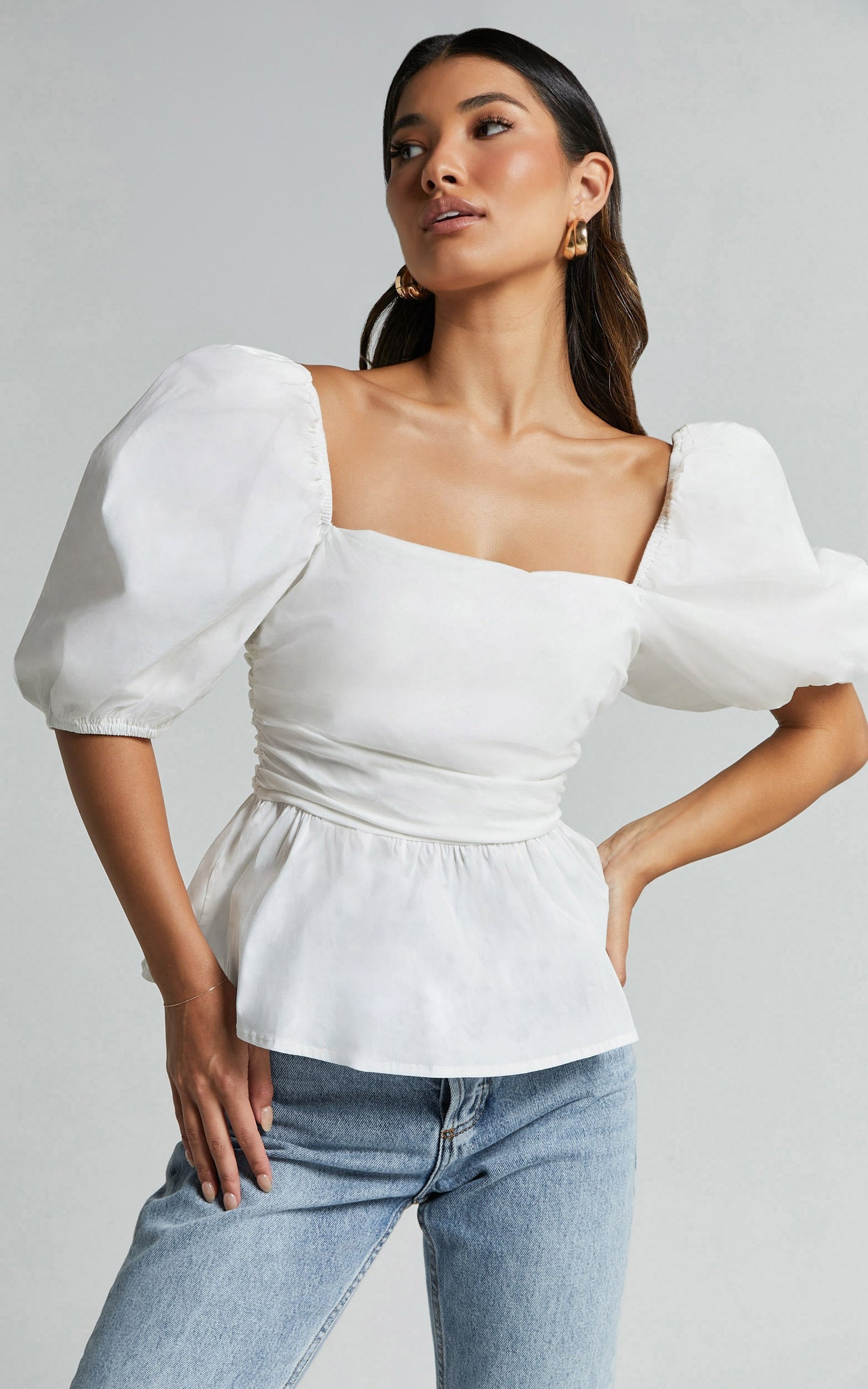 Linda Top - Short Puff Sleeve Peplum in Ivory