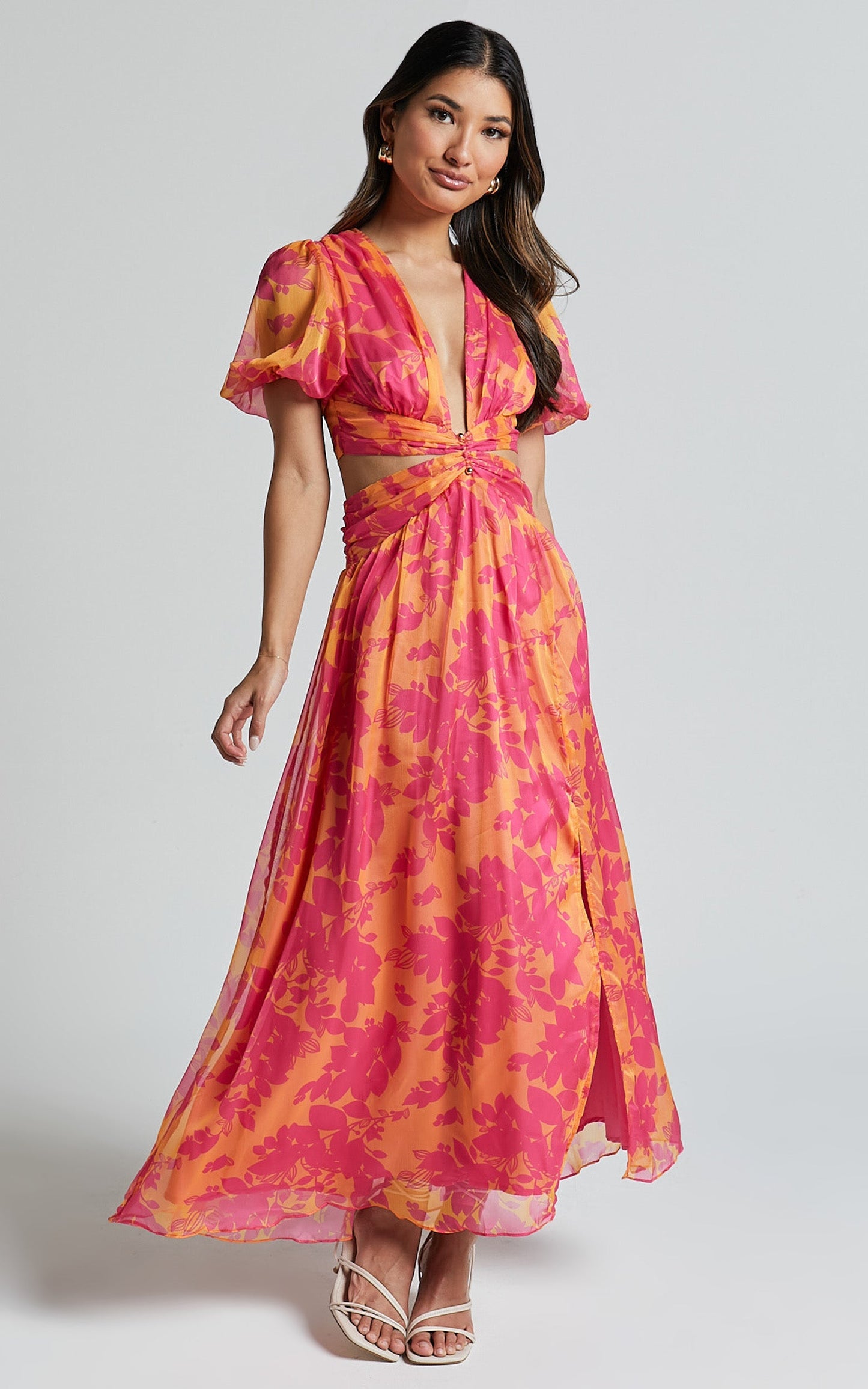 Lindey Midi Dress - Side Cut Plunge Neck Puff Sleeve Dress in Pink and Orange Floral