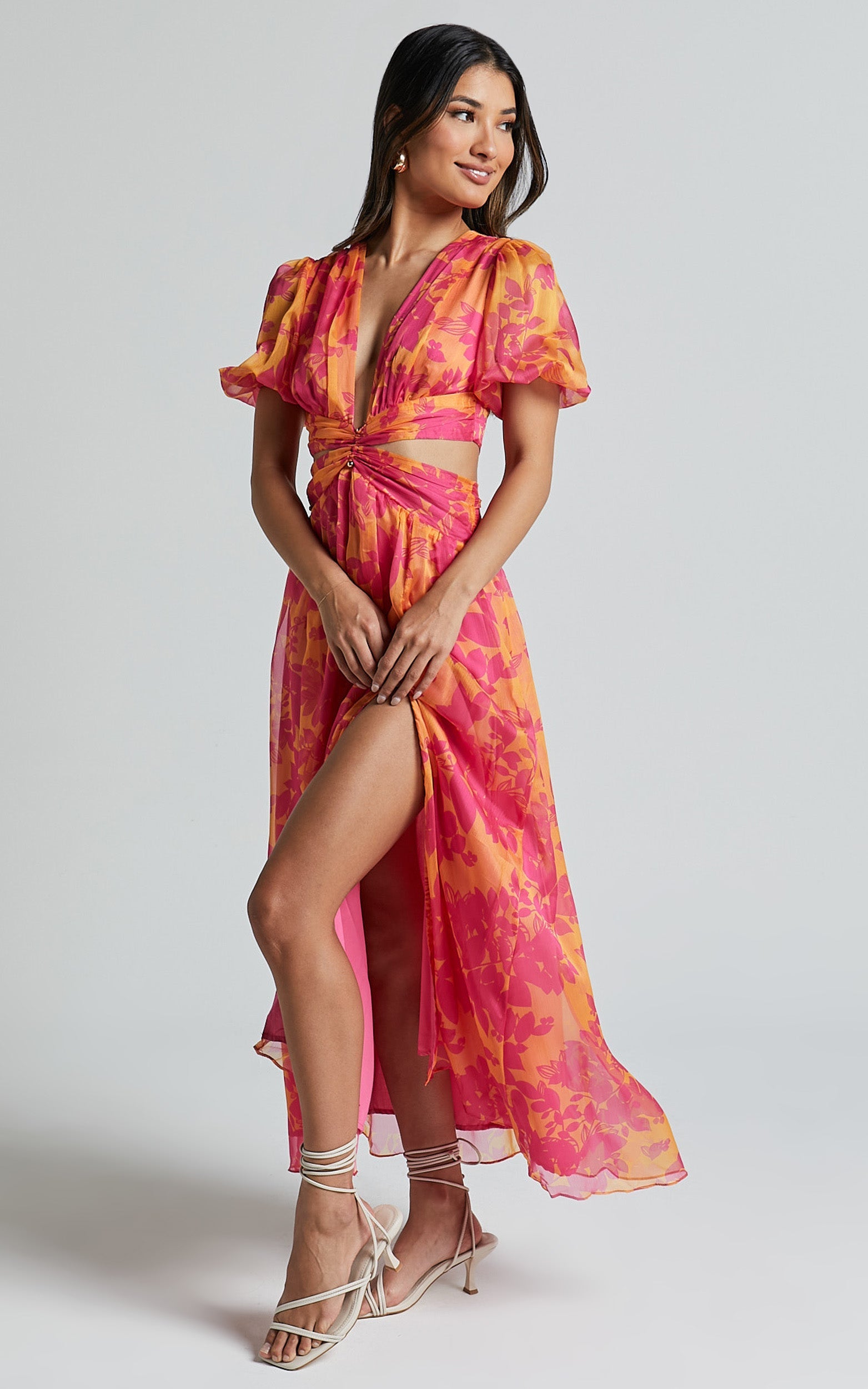 Lindey Midi Dress - Side Cut Plunge Neck Puff Sleeve Dress in Pink and Orange Floral