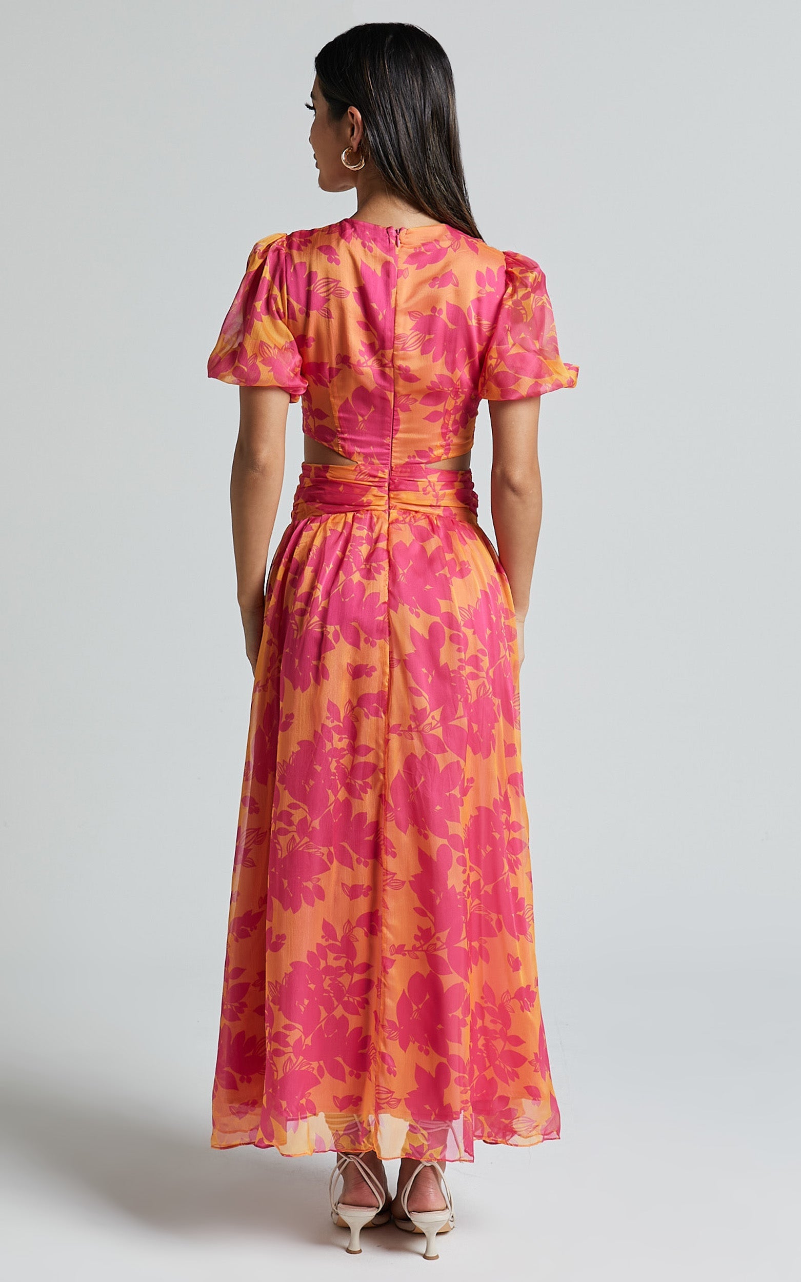 Lindey Midi Dress - Side Cut Plunge Neck Puff Sleeve Dress in Pink and Orange Floral