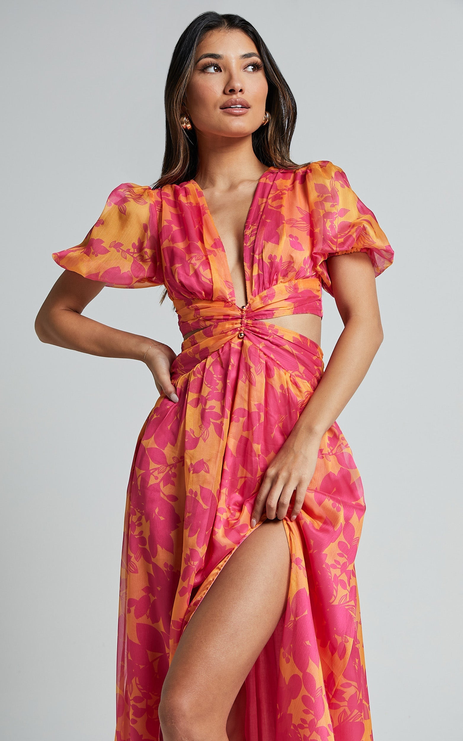 Lindey Midi Dress - Side Cut Plunge Neck Puff Sleeve Dress in Pink and Orange Floral