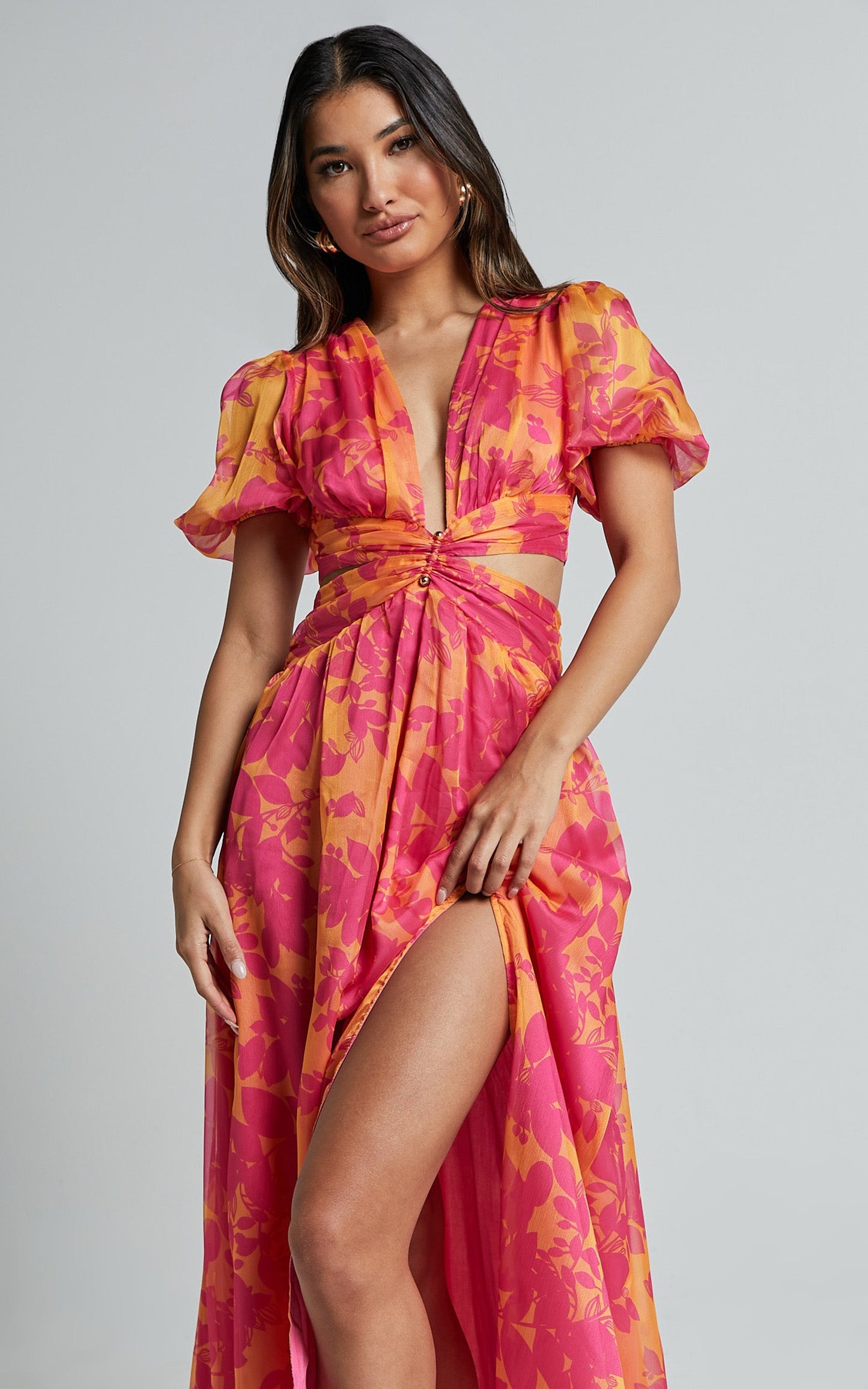 Lindey Midi Dress - Side Cut Plunge Neck Puff Sleeve Dress in Pink and Orange Floral