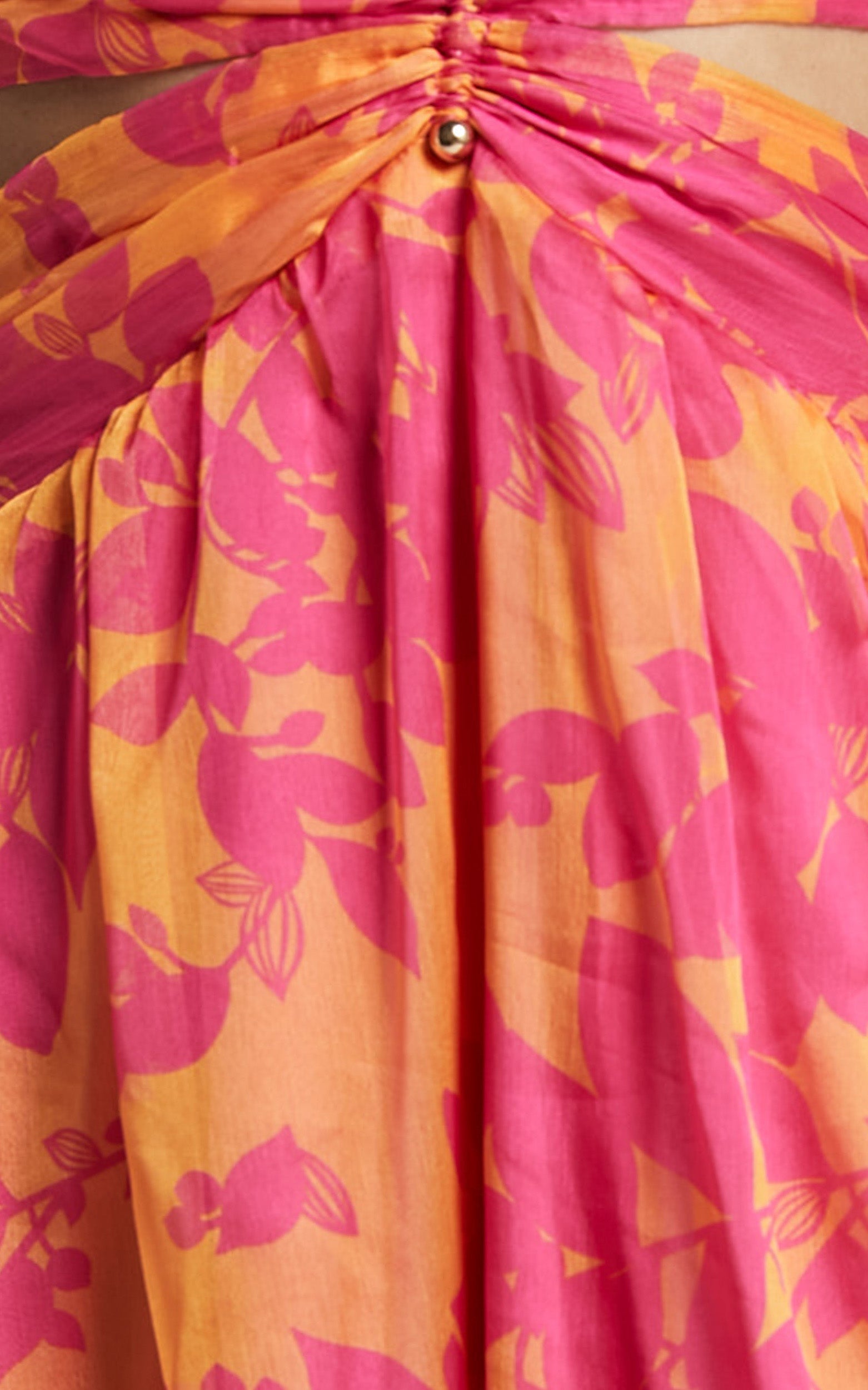 Lindey Midi Dress - Side Cut Plunge Neck Puff Sleeve Dress in Pink and Orange Floral