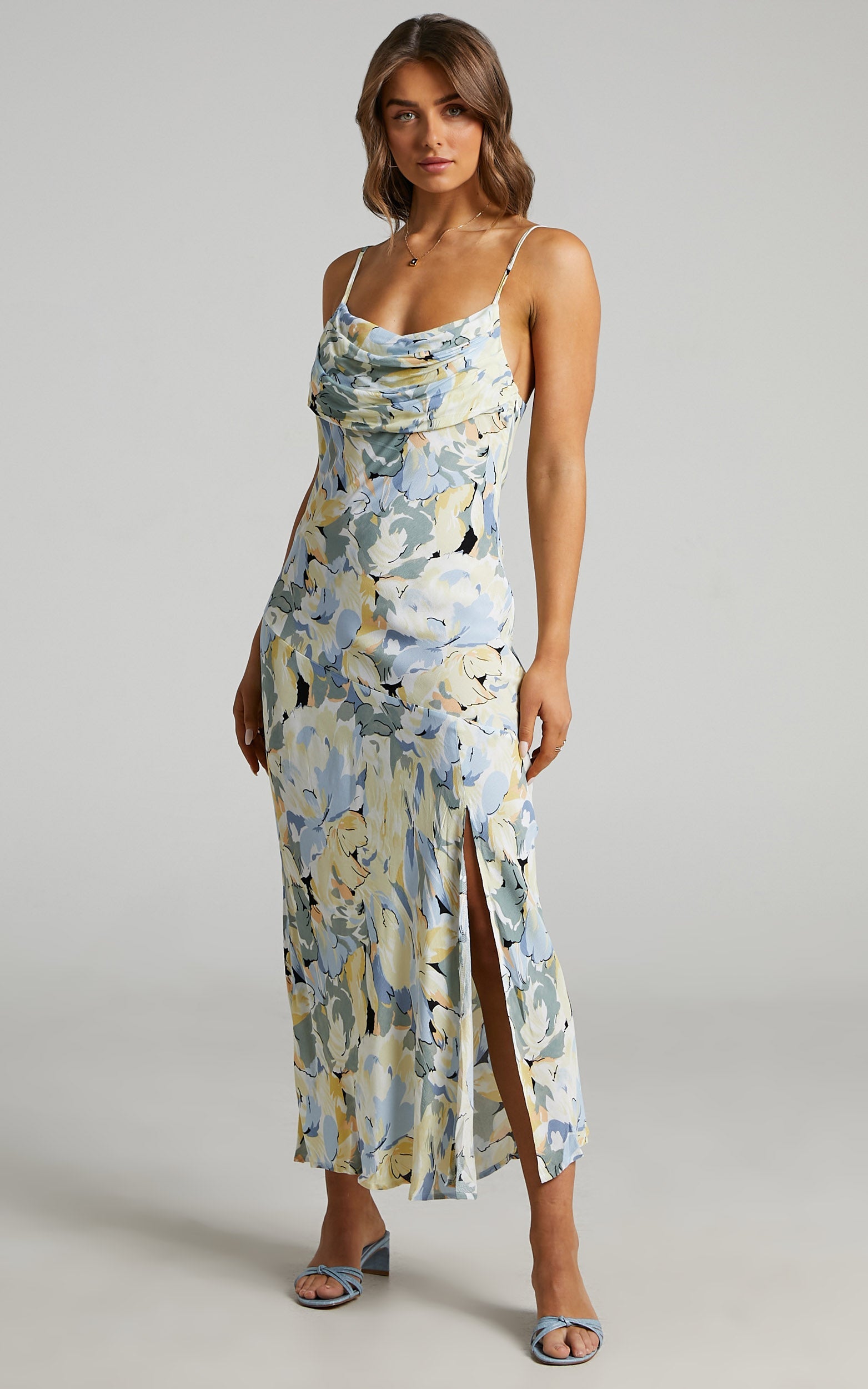 Lindie Midi Slip  Dress in Blue Foral